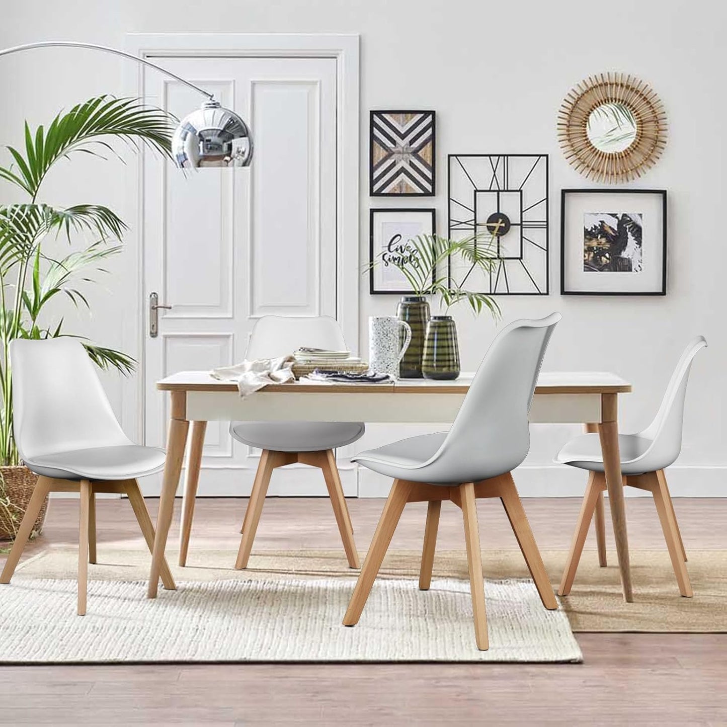 4 Mid-Century Modern Dining Chairs with Wood Legs and PU Leather Cushion - Suitable for Living Room, Bedroom