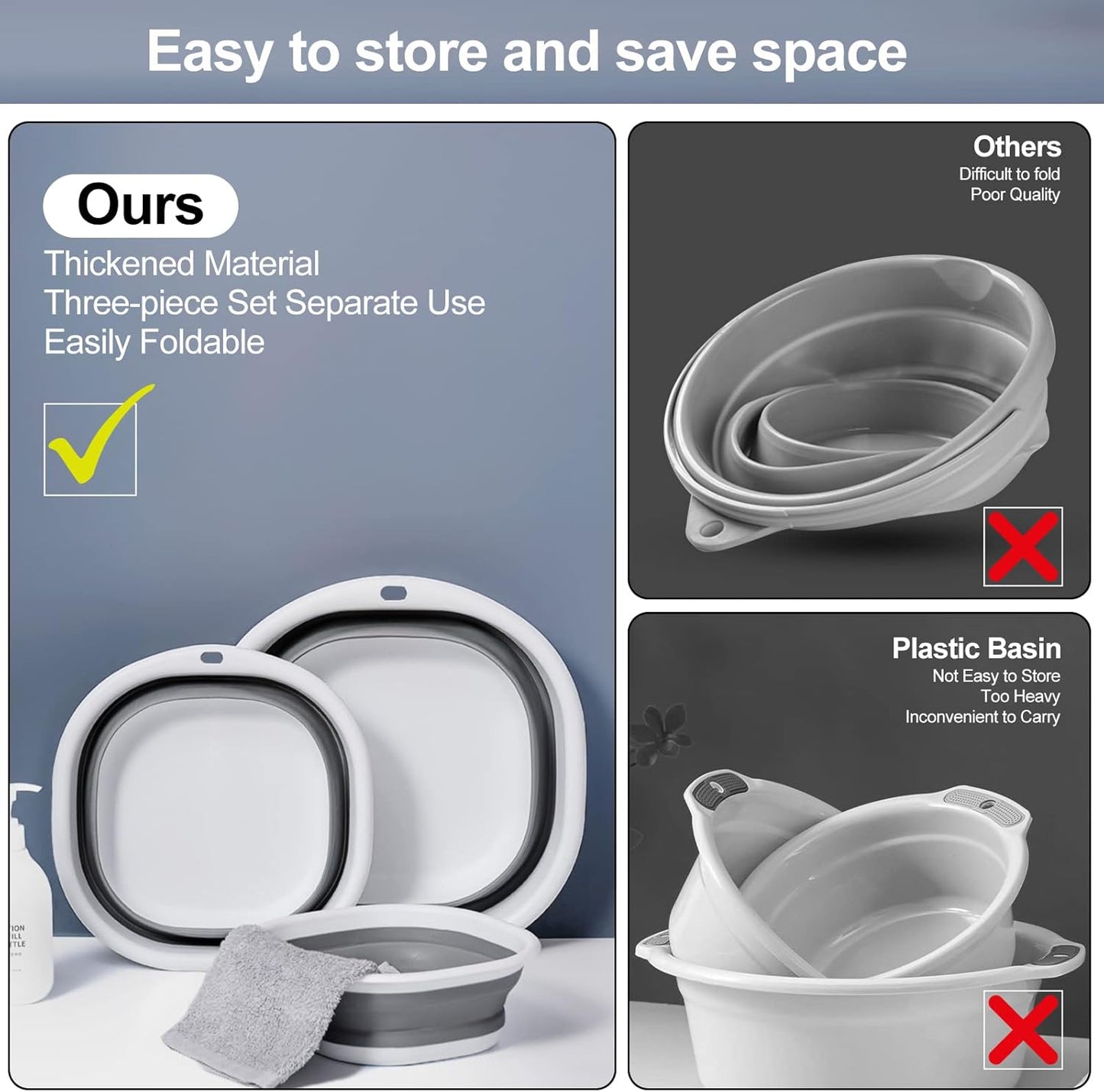 Collapsible Tub Wash Basin Laundry Tub 3 Pack Collapsible Laundry Baskets Foldable Dish Tub Plastic Washtub