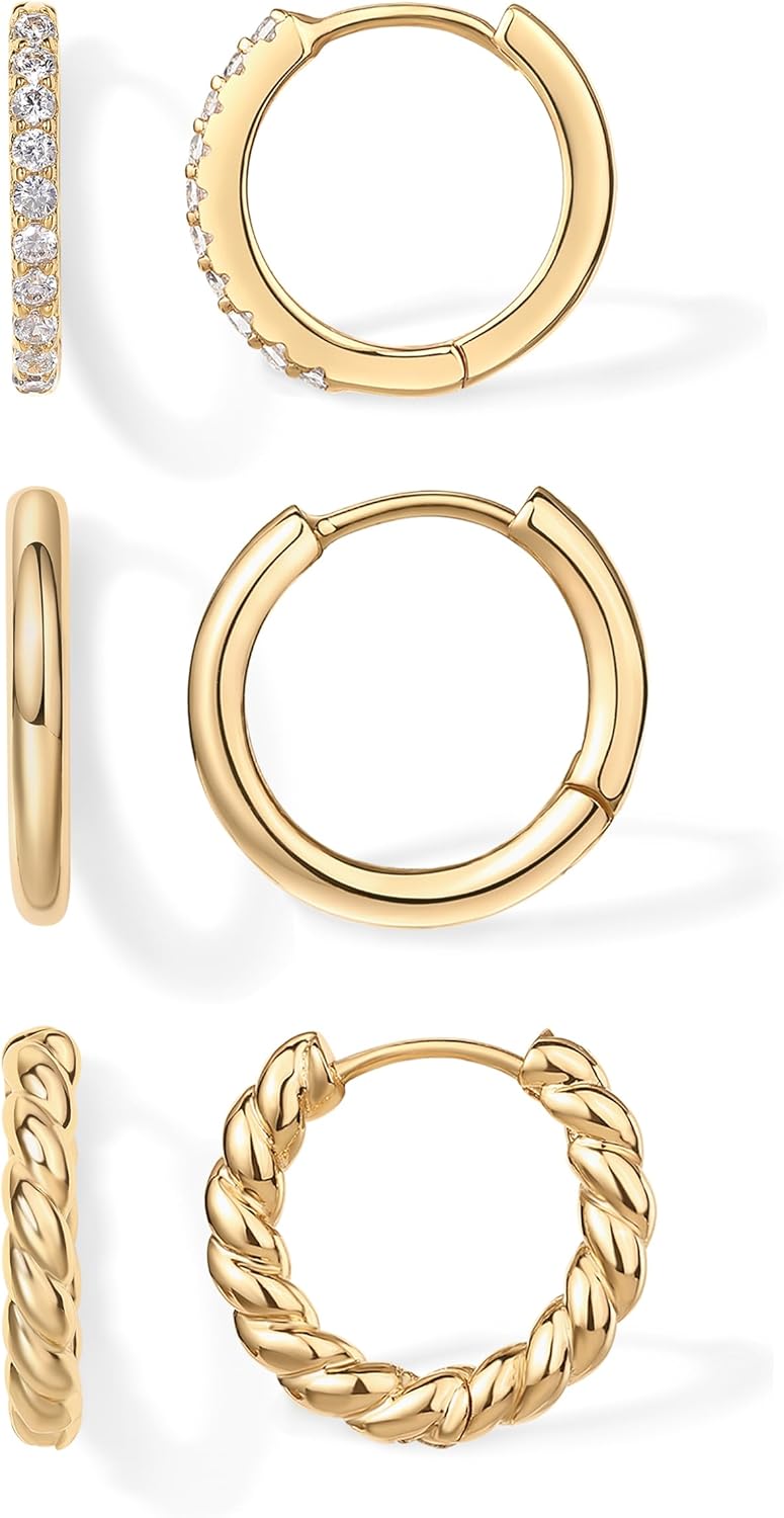 14K-18K Yellow Gold Plated Sterling Silver Posts Three Pairs Small Hoop Earrings for Women - Statement Gold Hoop Earrings Set