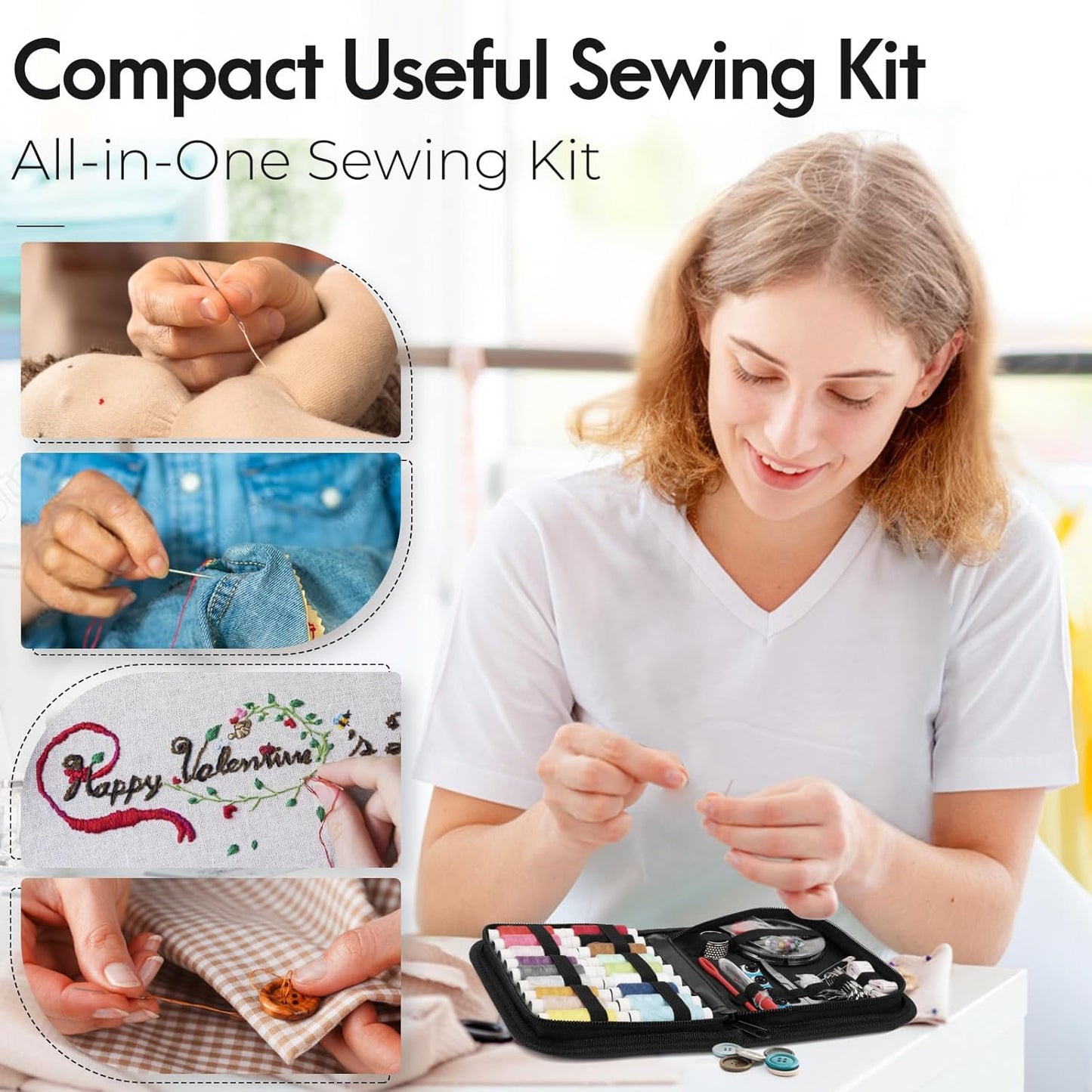 OMOMMD  Sewing Kit Gifts for Mom Grandma Women Men Teen Girls Boys Beginner Traveler, Portable Sewing Supplies Accessories Contains Thread, Needles, Scissors, Dorm Room Essentials (Black, M)