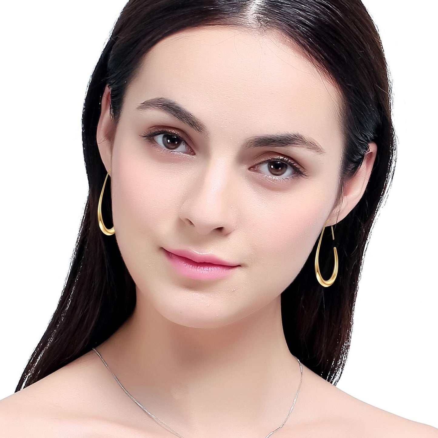 Lightweight Teardrop Hoop Earrings for Women - 14k Gold/White Gold Plated Large Oval Pull Through Hoop Earrings High