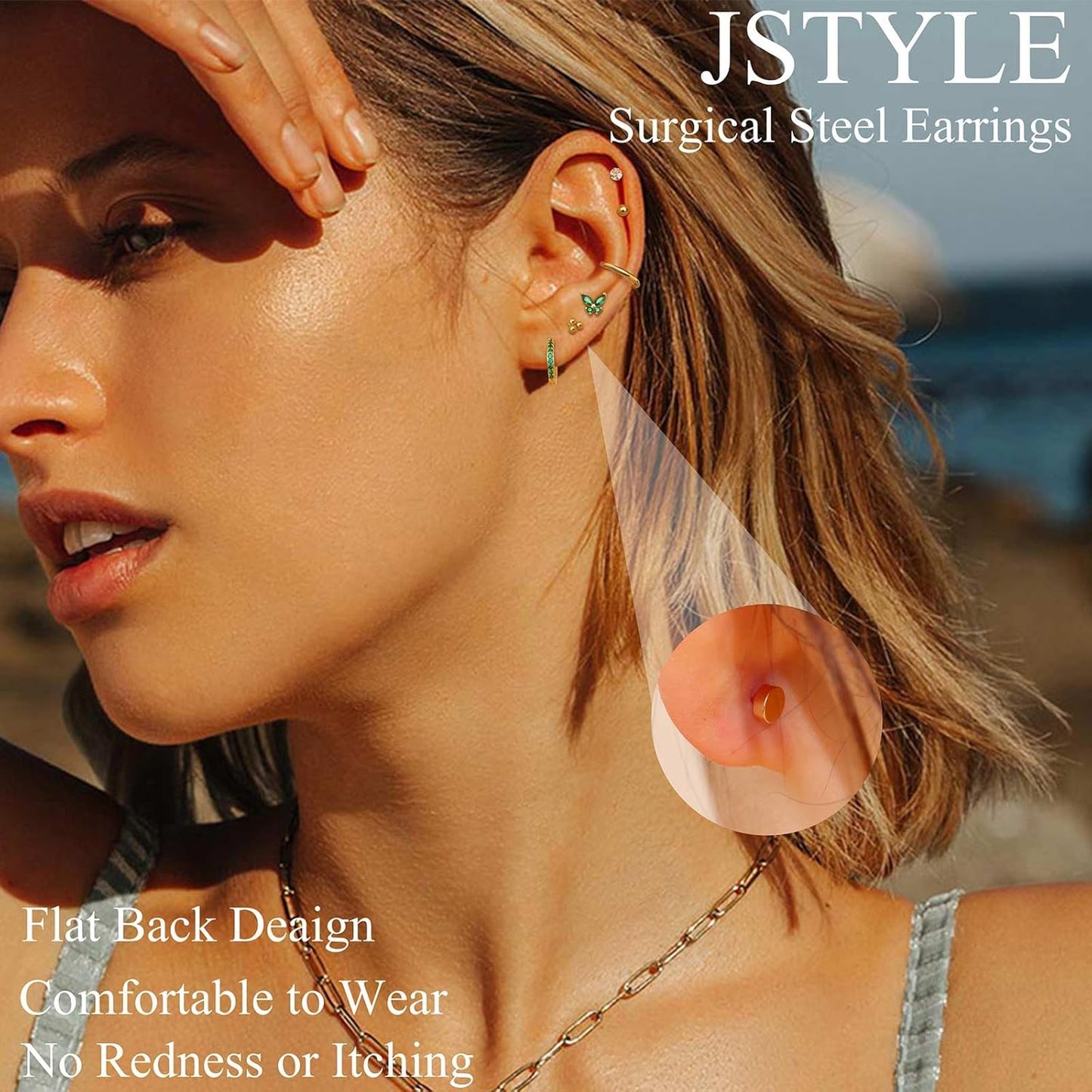 Jstyle Surgical Steel Earrings for Sensitive Ears 14K Gold Flat Back Earrings for Women Men Small Stainless Steel Earrings