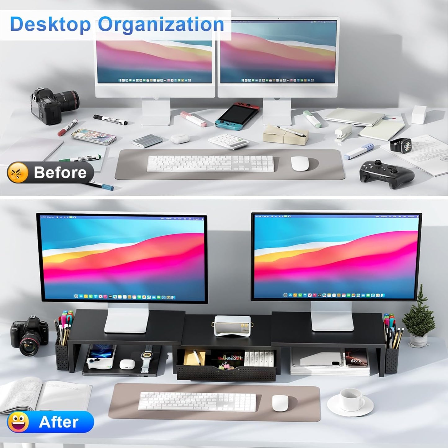 Dual Monitor Stand Riser, Desk Organizer With Drawer and 2 Pen Holders,Shelf for Top of Desk
