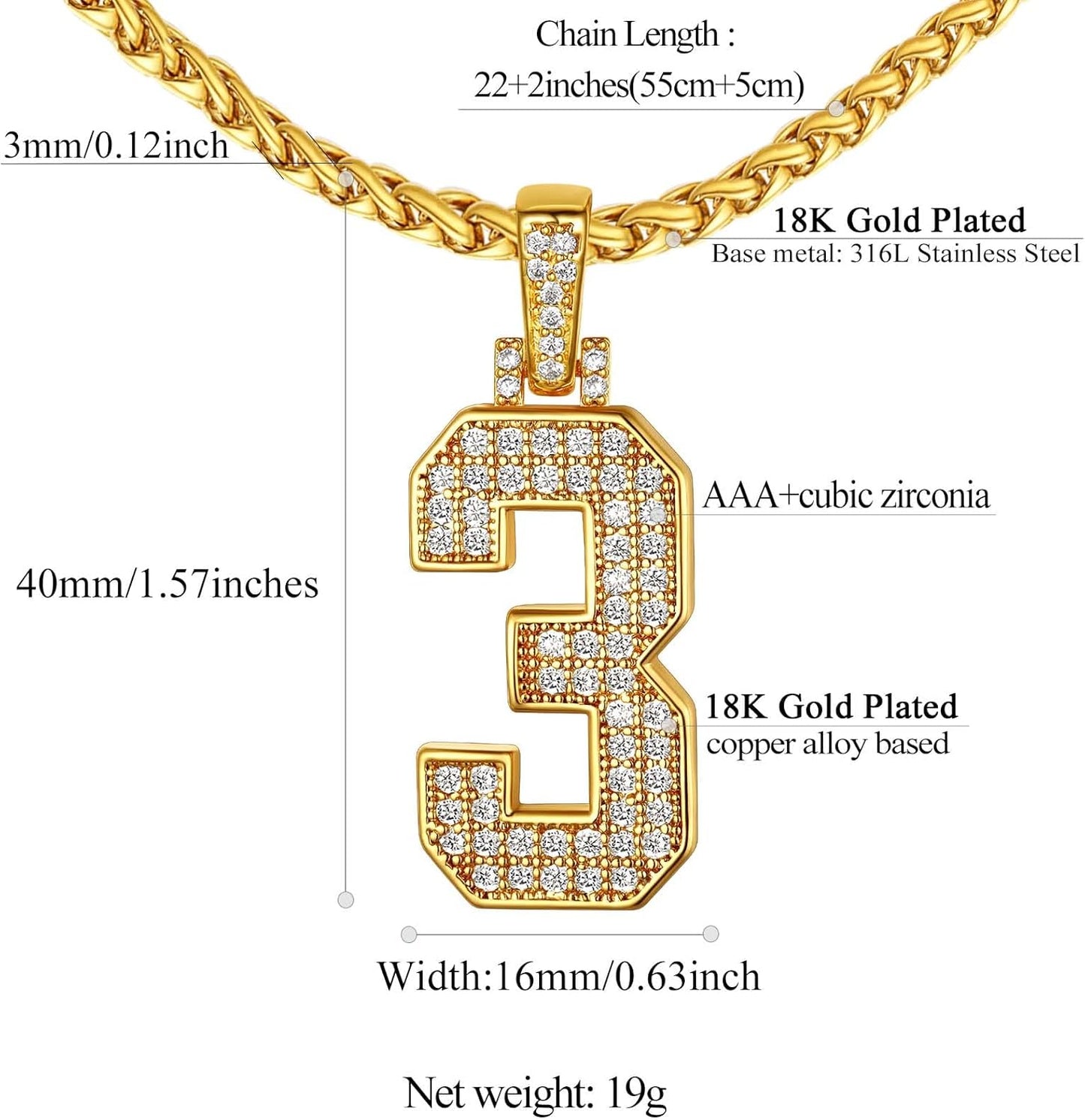 Bling Number Necklace Baseball Chain 14K Gold Plated Sports Football Zirconia Iced Name Jewelry for Men Boys, Tennis Chain 18'' To 30'' + Gift Box
