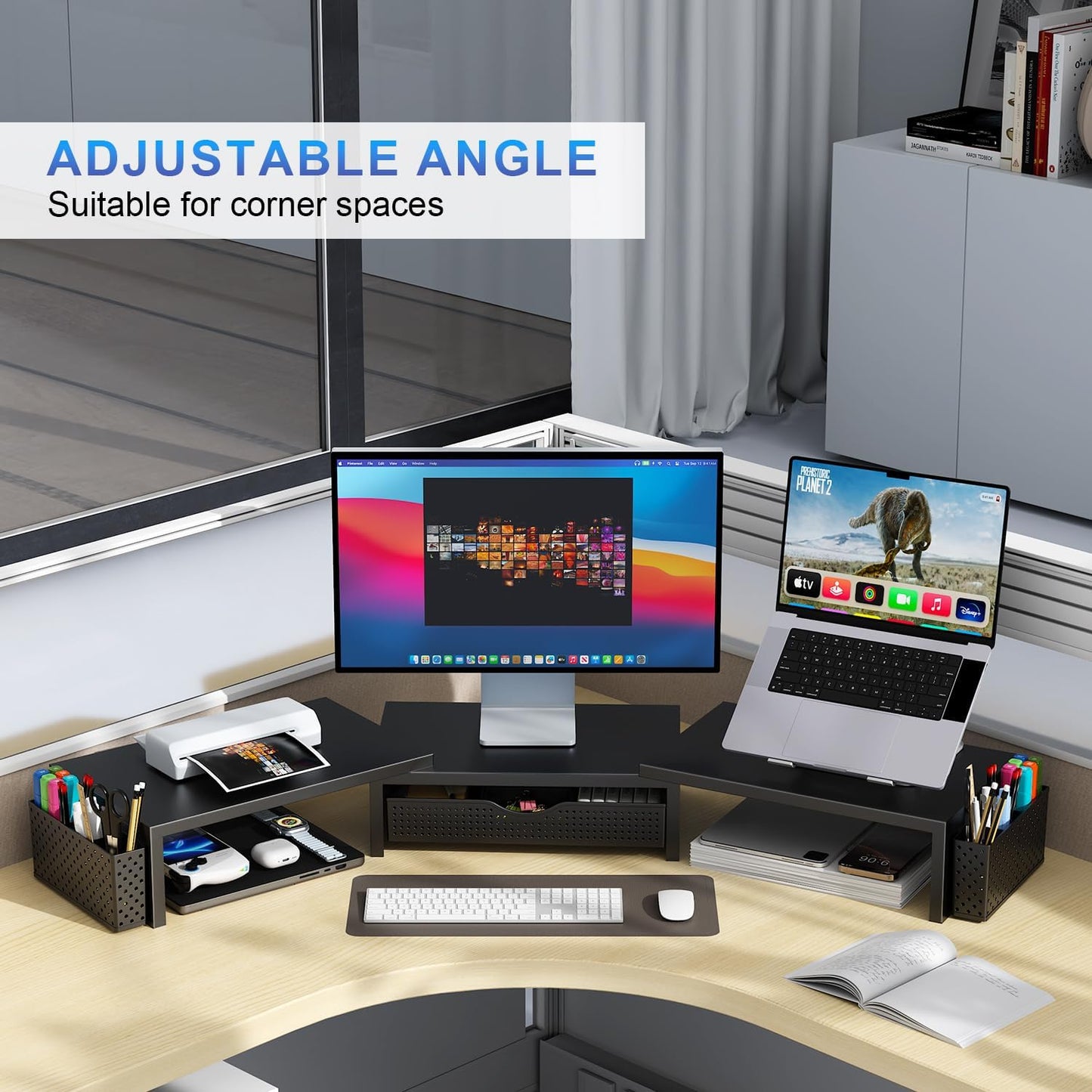 Dual Monitor Stand Riser, Desk Organizer With Drawer and 2 Pen Holders,Shelf for Top of Desk