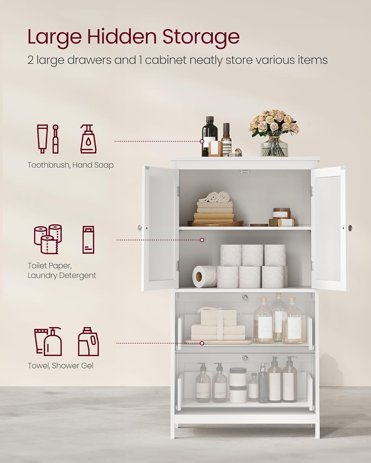 Floor Storage Cabinet, Freestanding Storage Unit with 2 Drawers and 2 Doors, Adjustable Shelf