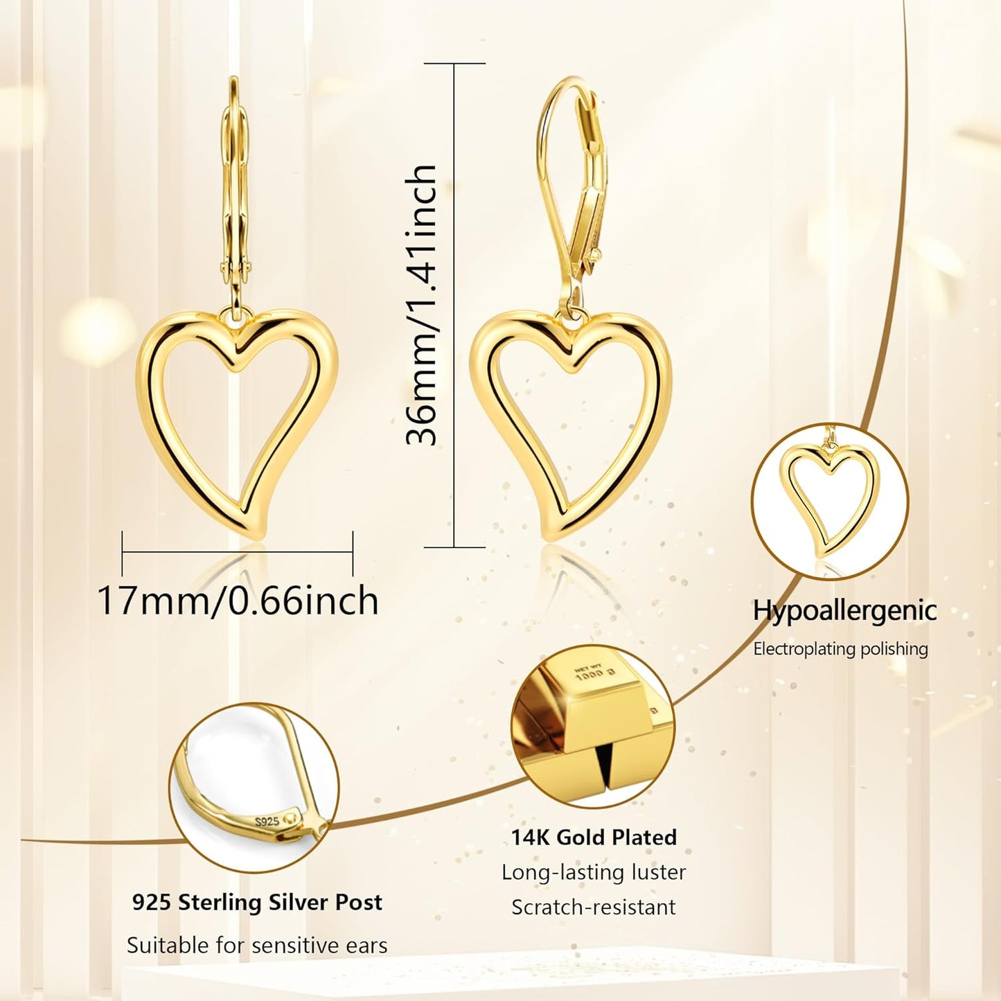 Sterling Silver Heart Earrings for Women 14K Gold Plated Openwork Love Heart Dangle Earrings Drop Leverback Huggie Hoop