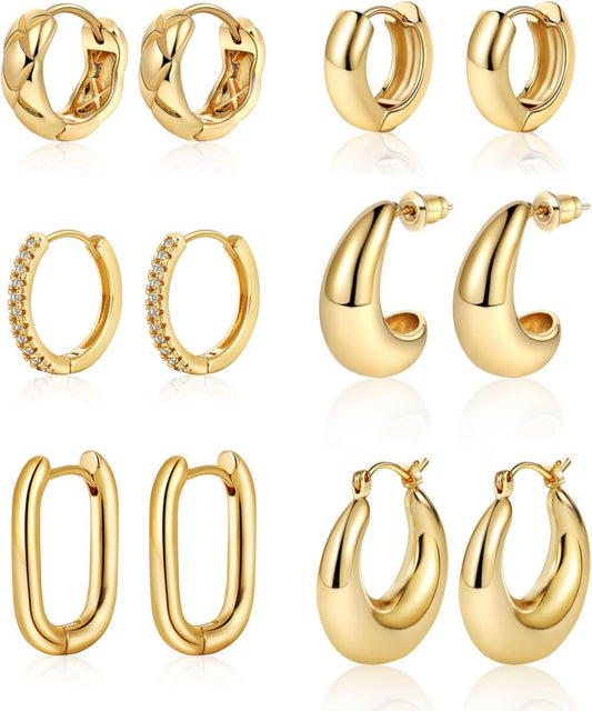 Gold Chunky Hoop Earrings Set for Women, 14K Gold Plated Twisted Huggie Hoop Earring Thick Open Lightweight Chunky Hoop
