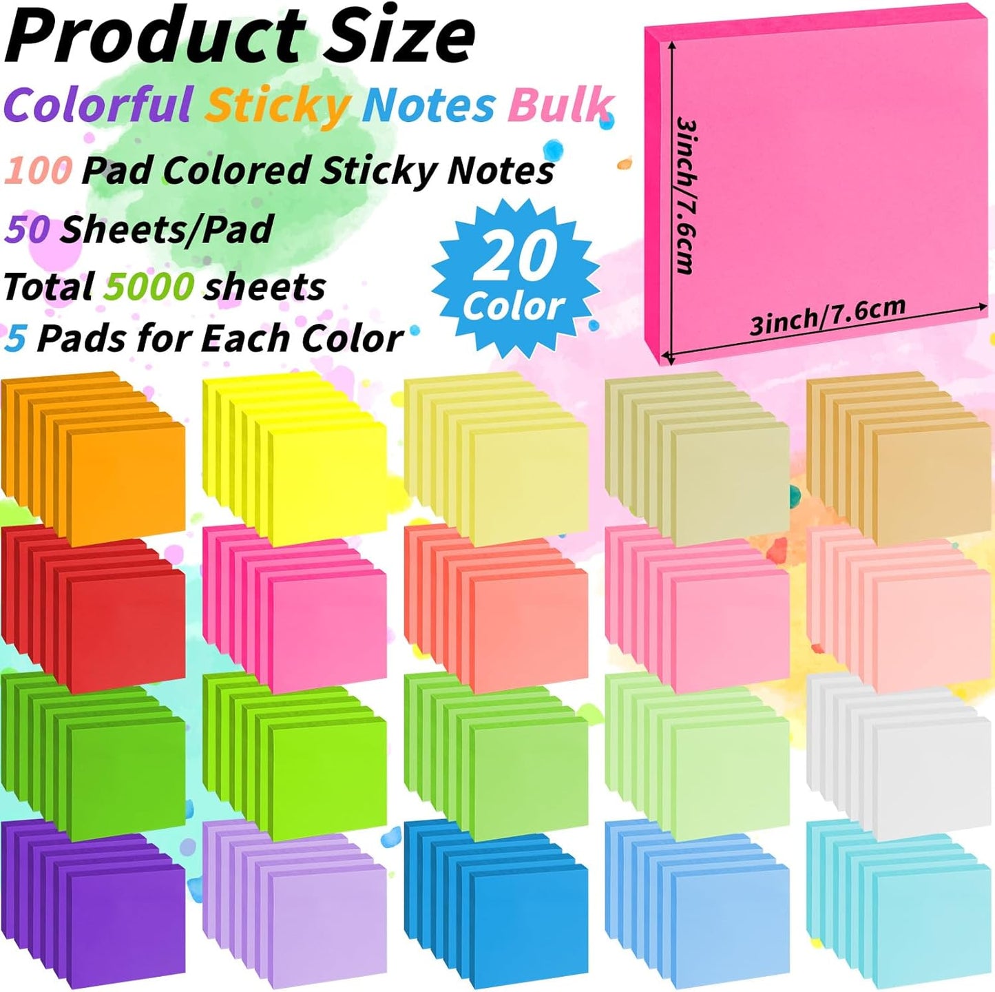 OMOMMD 100 Pack Sticky Notes Bulk 3 x 3 in Self-Stick Note Pads Colorful Posted Note in 20 Colors Adhesive Paper Memo 50 Sheets/Pad Easy to Post for Office Home School Meetings Notebook Wall Door Window