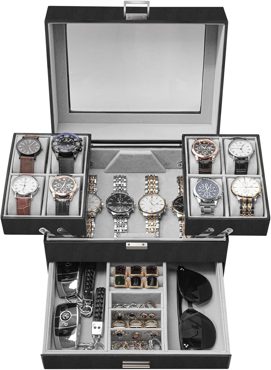 Watch Case for Men, 8 Slot Watch Display Case, 3 Layers Large Sunglass Storage Organize