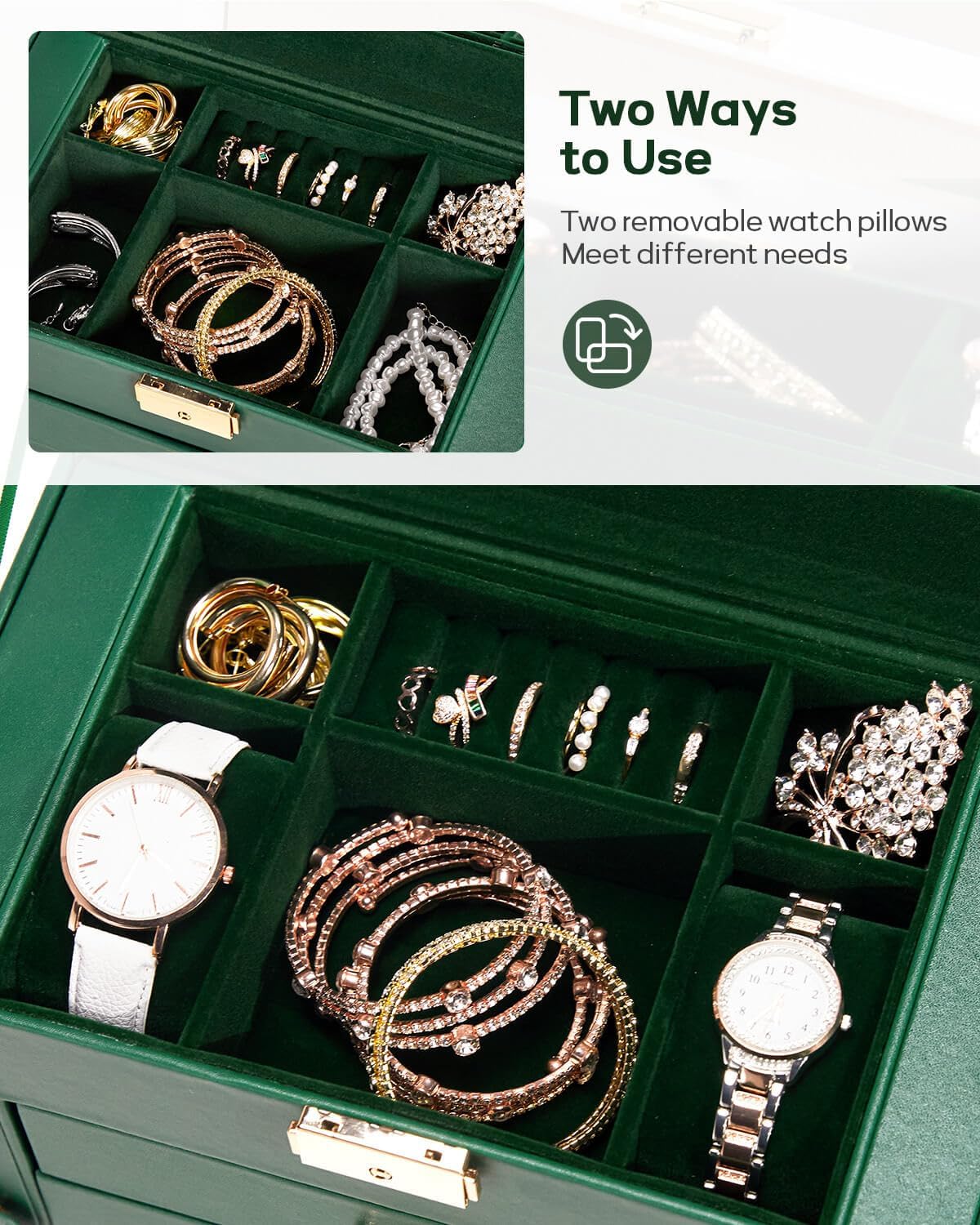 Synthetic Leather Huge Jewelry Box Mirrored Watch Organizer Necklace Ring Earring Storage Lockable