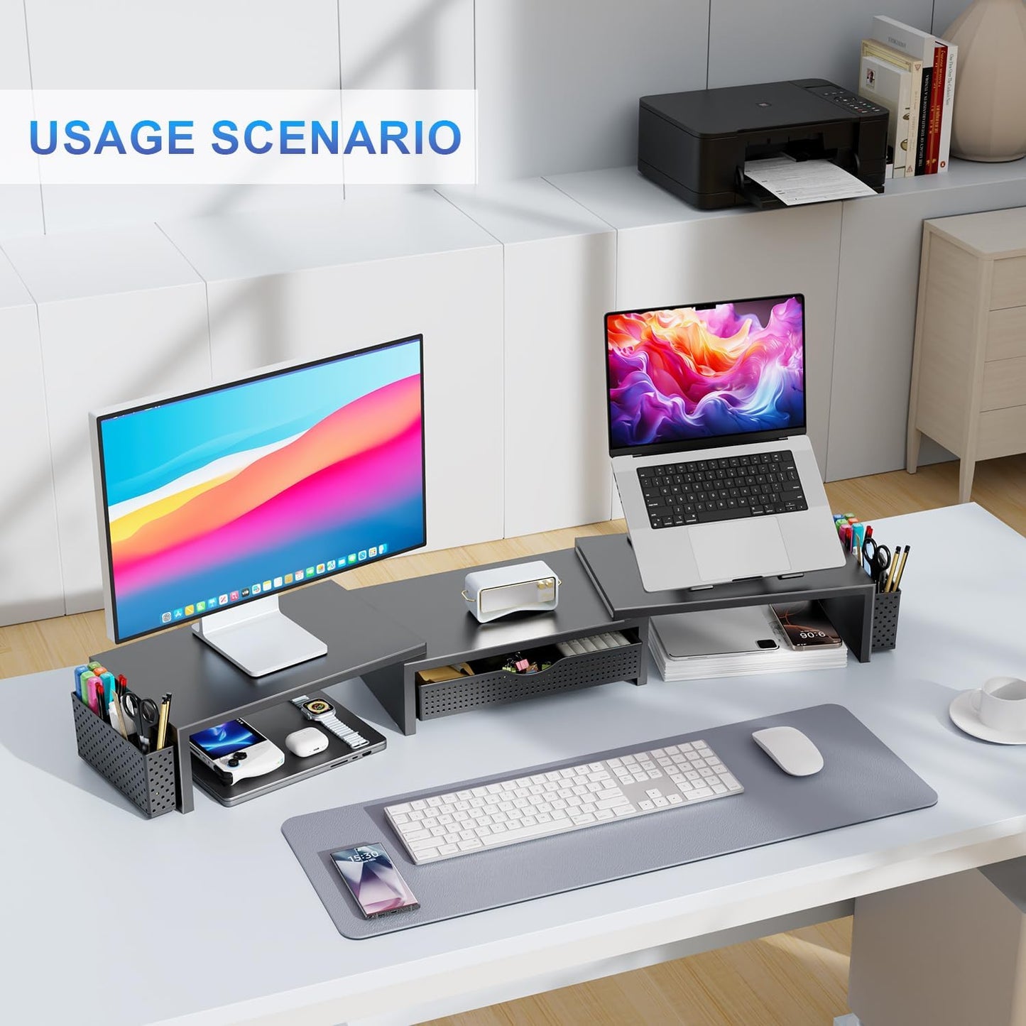 Dual Monitor Stand Riser, Desk Organizer With Drawer and 2 Pen Holders,Shelf for Top of Desk