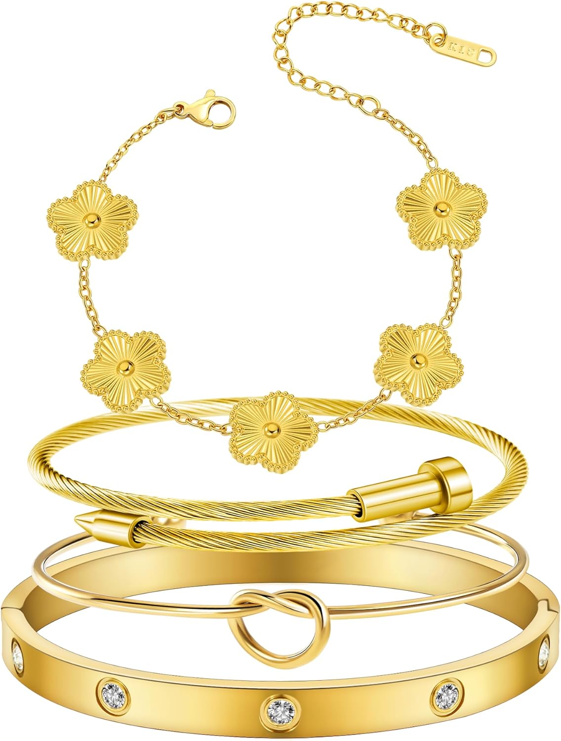 Womens 4Pcs Stackable Floral Gold Bracelets Stainless Steel Bangle Bracelets Non Tarnish Silver Set