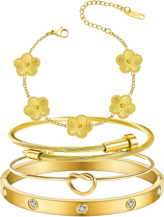 Womens 4Pcs Stackable Floral Gold Bracelets Stainless Steel Bangle Bracelets Non Tarnish Silver Set
