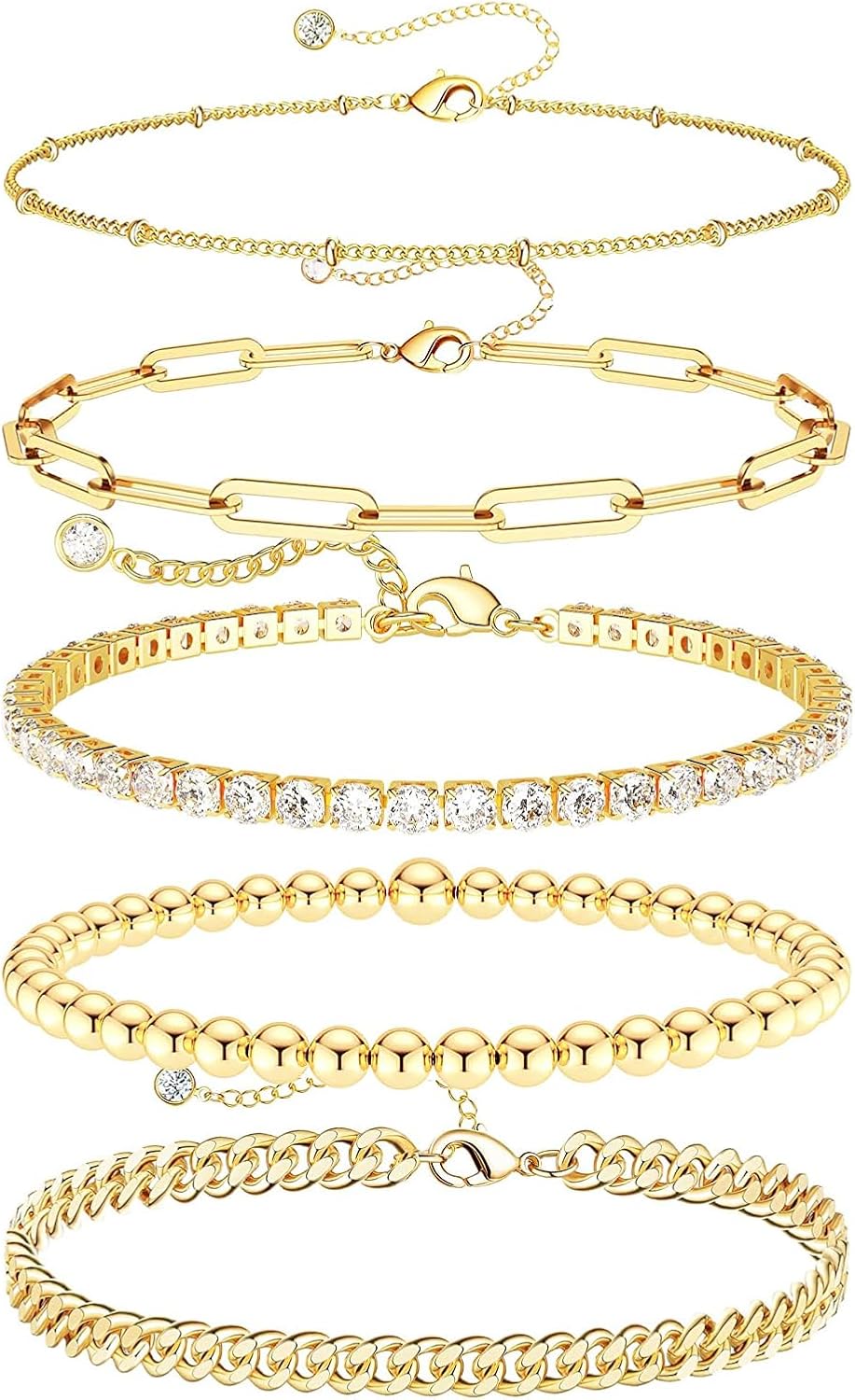 Gold Bracelets - Real 14K Women's Cute Tennis Cubic Beaded Link Paperclip Dainty Bracelet Pack