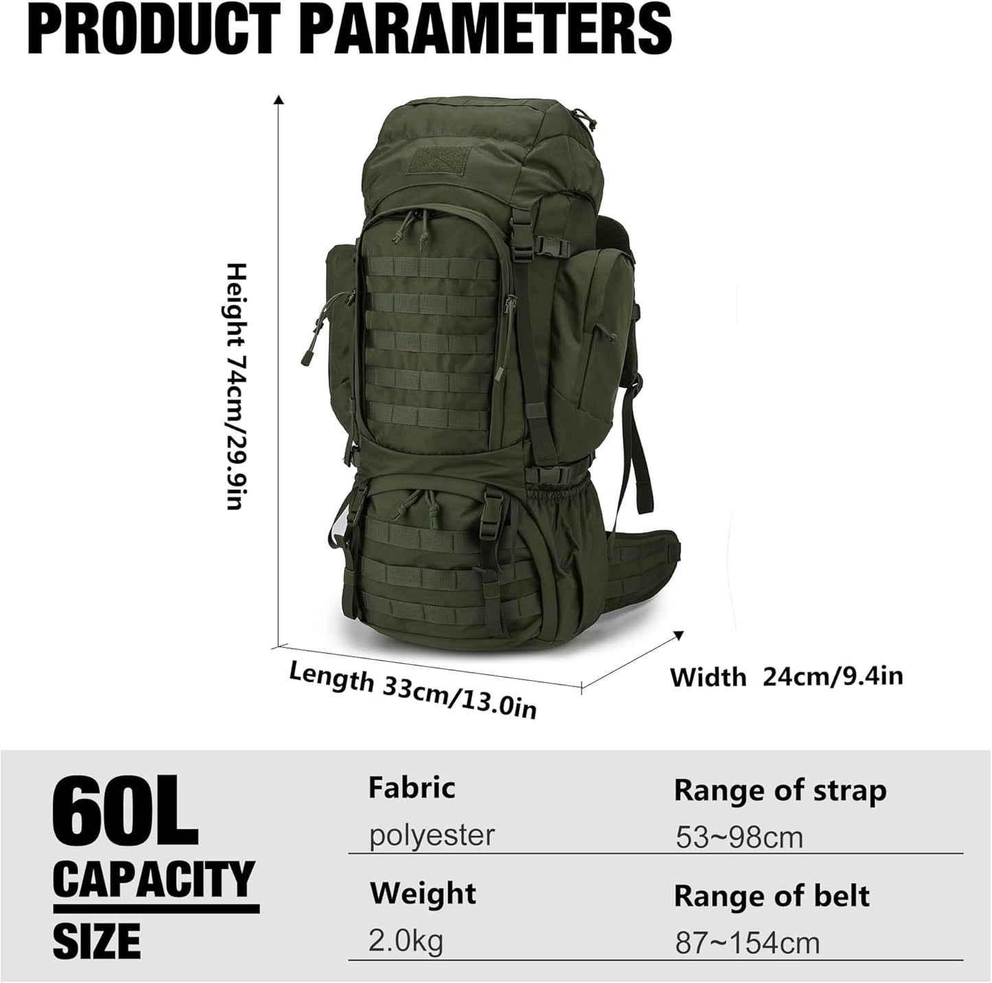 60L Military Internal Frame Backpack for Hiking,Camping,Hunting,Rucksack Backpack with Rain Cover