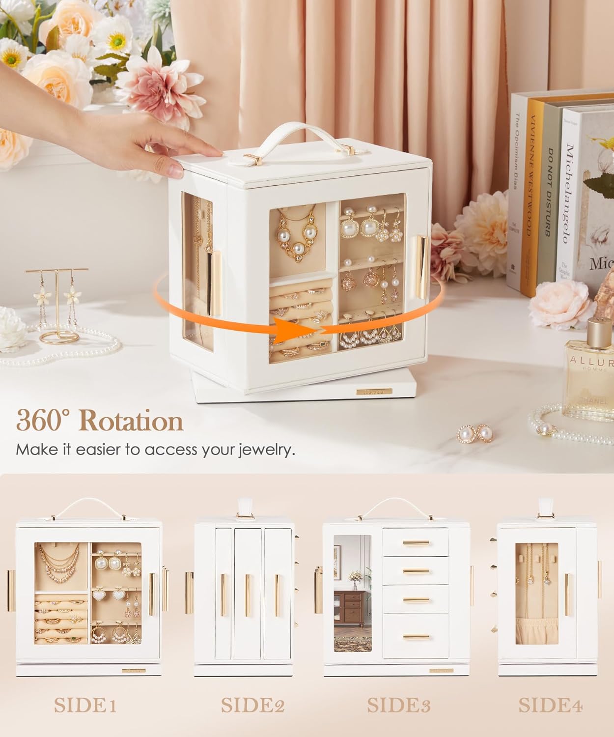 Jewelry Box 360° Rotating, Necklace Earring Organizer with Transparent Window, Mirror, 7 Drawers