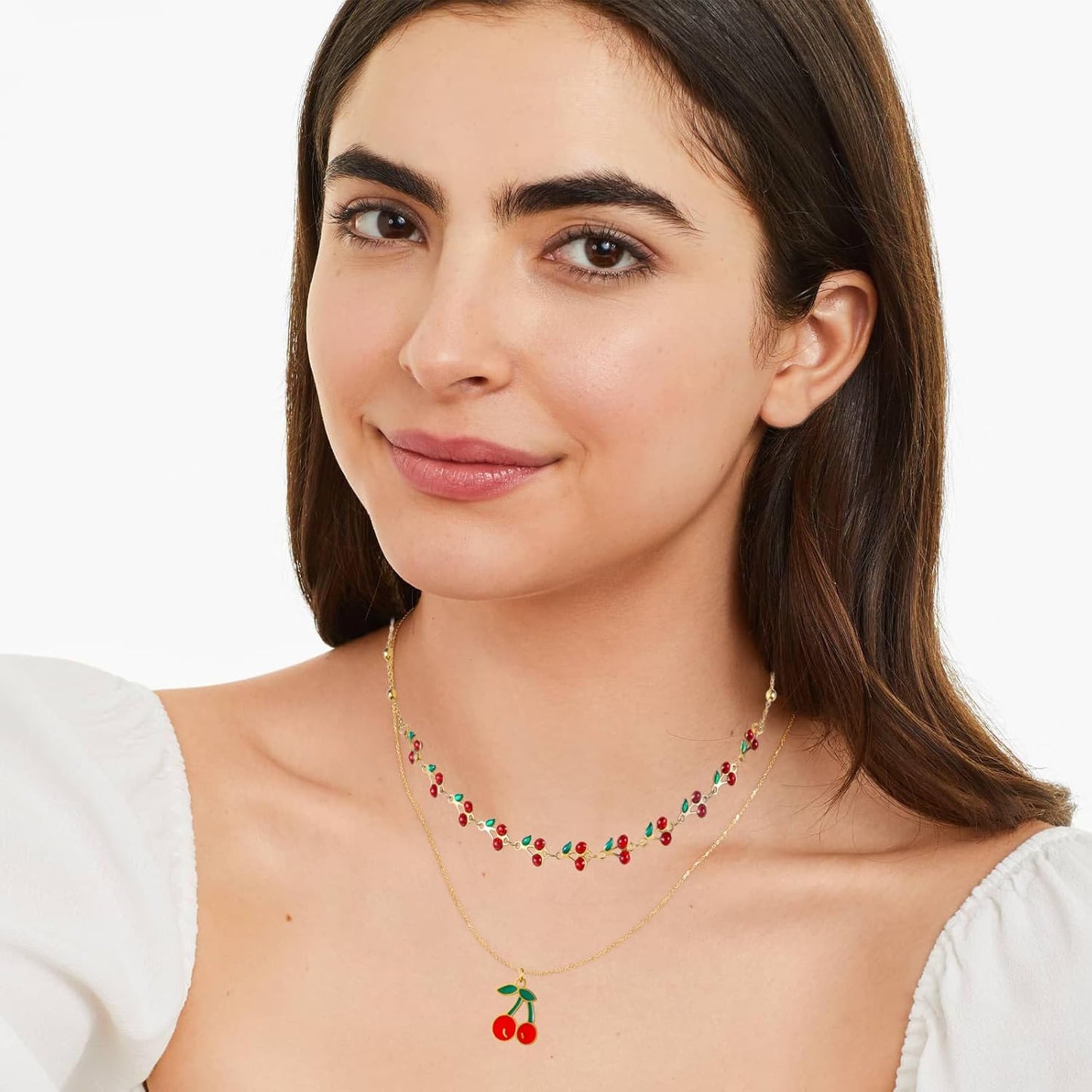 Cherry Necklace for Women 2PCs 14K Gold Plated Layered Dainty Pendant Cute Summer Fruit Jewelry Accessories