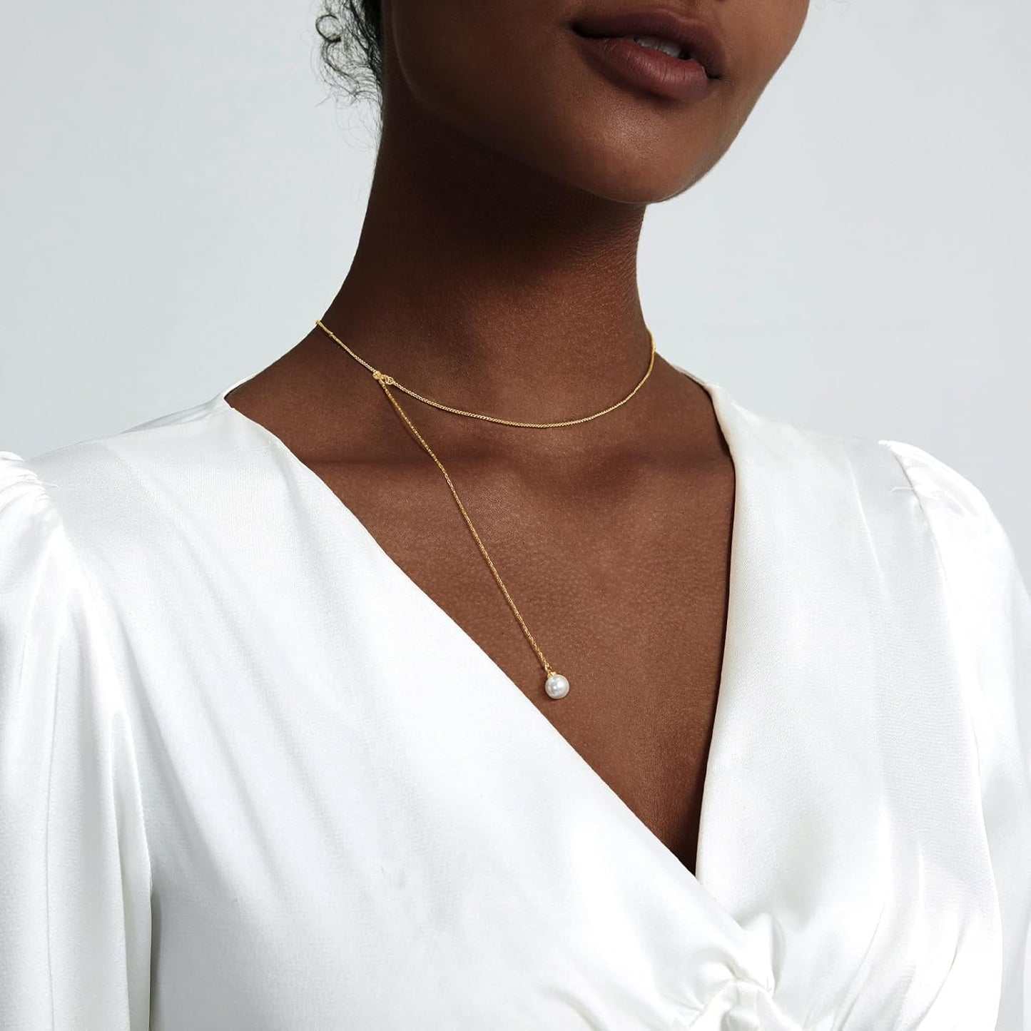 Lariat Gold Necklace for Women: Dainty 14K Gold Plated/Silver Y-Shaped Beaded Drop Chain, Trendy Gift
