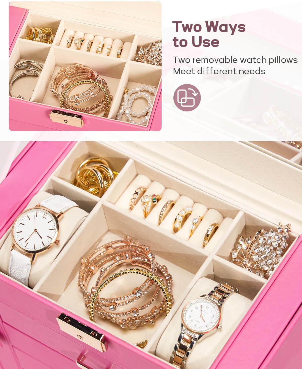Synthetic Leather Huge Jewelry Box Mirrored Watch Organizer Necklace Ring Earring Storage Lockable