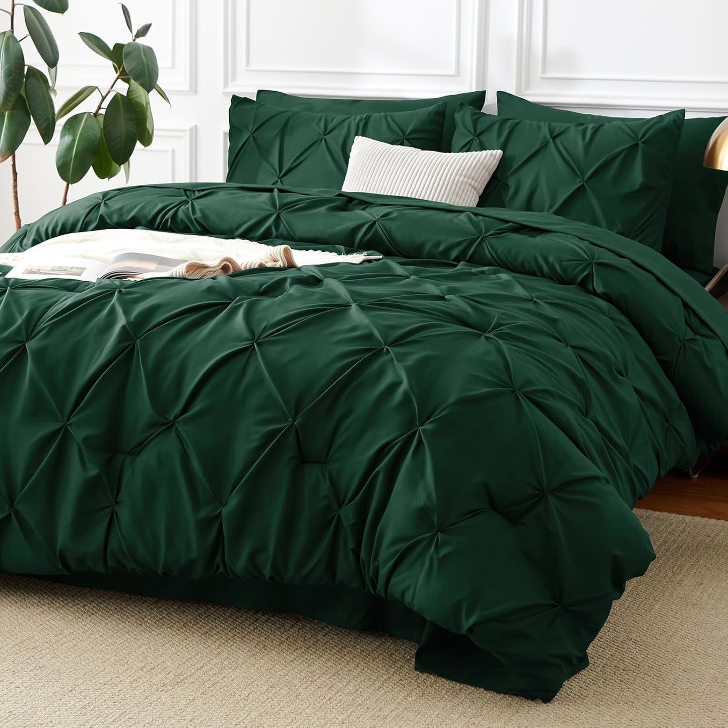 Queen Comforter Set Black, 7 count Pintuck Bed in A Bag, Premium Black Comforter Queen Size