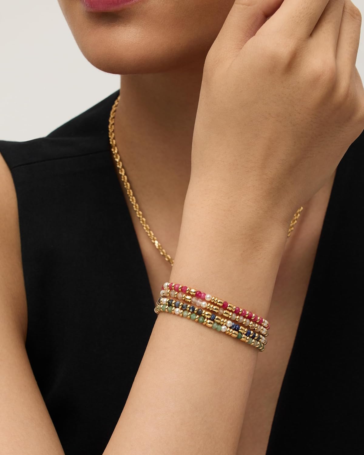 14K Yellow Gold Plated Beaded Enamel and Gemstones Bracelets | Colored Boho Festival Adjustable Slider Bracelet