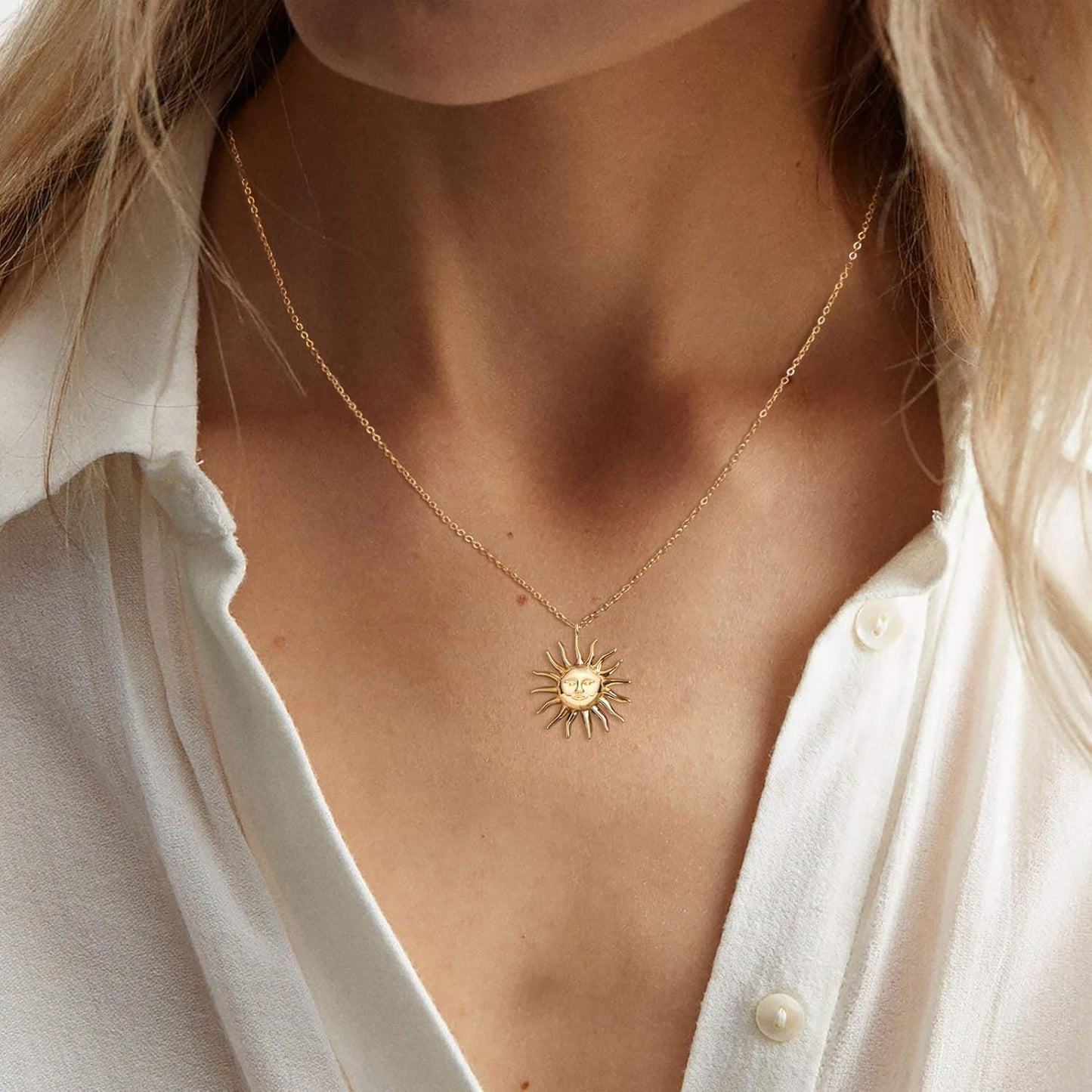 Gold Moon Pendant Necklace for Women,14K Gold Plated Dainty Chain Crescent Moon Sun Star Necklace Jewelry