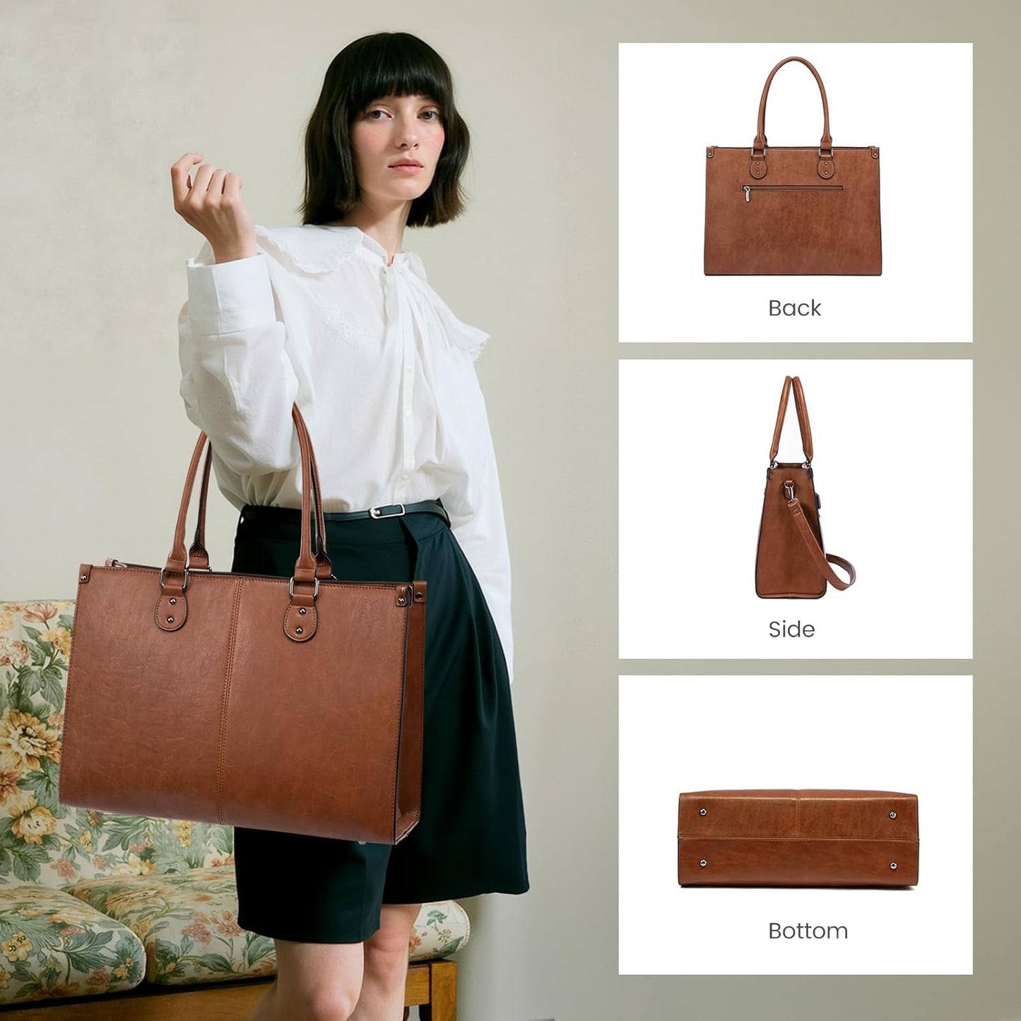 15.6 Inch Large Capacity Vintage Leather Work Computer Bag, Business Casual Shoulder Handbag