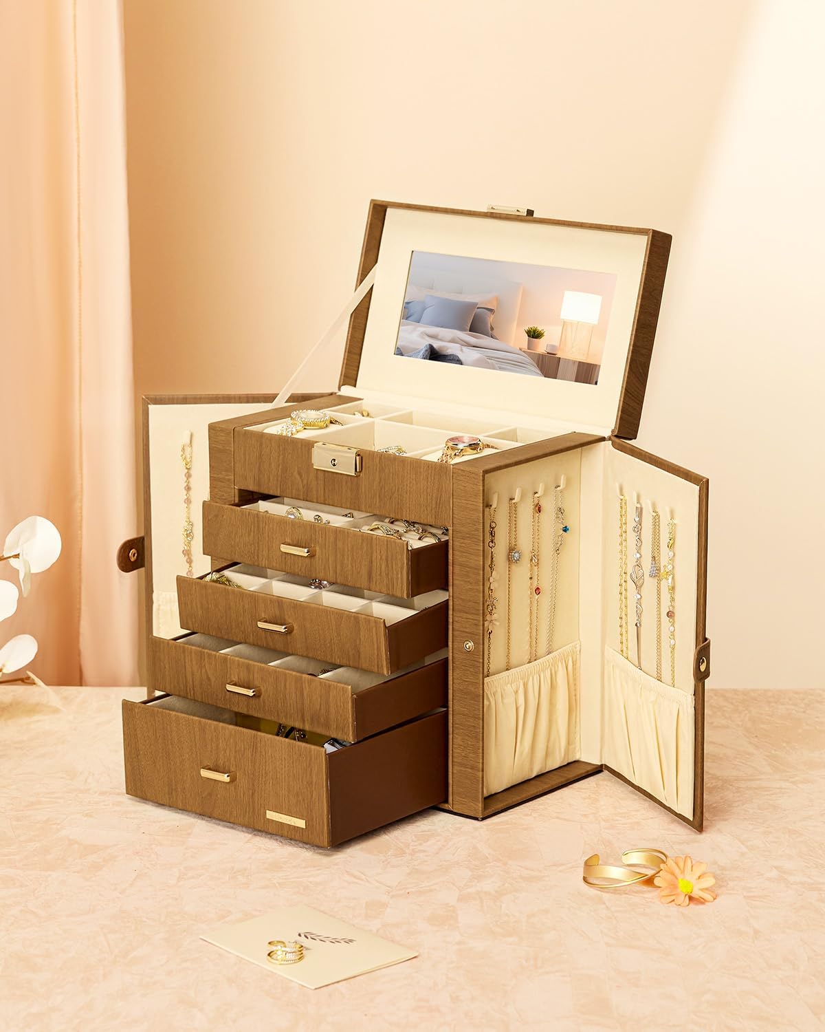 Synthetic Leather Huge Jewelry Box Mirrored Watch Organizer Necklace Ring Earring Storage Lockable