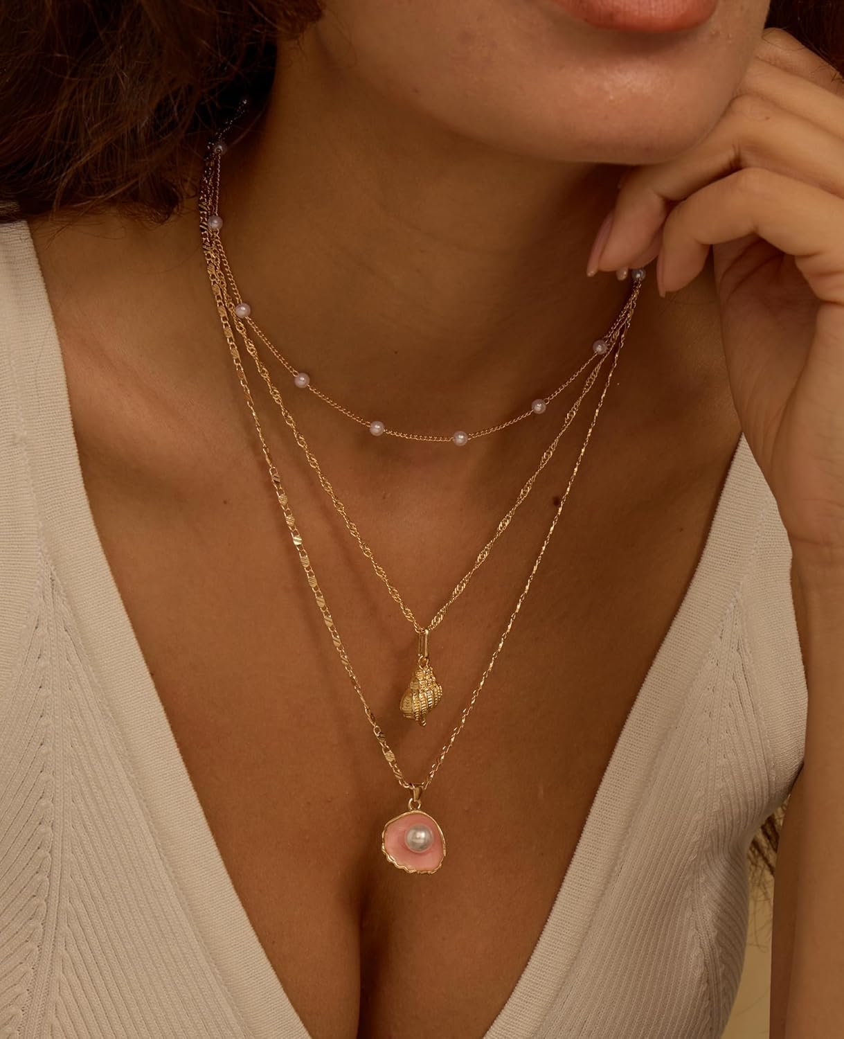 Layered Gold Shell Necklace With Conch & Starfish Pendant - Boho Non-Tarnish Summer Beach Vacation Jewelry Gift For Women