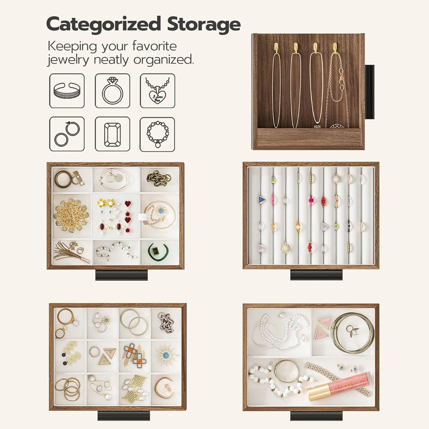 4-Layer Jewelry Organizer Box, Wooden Jewelry Organizer with Transparent Window