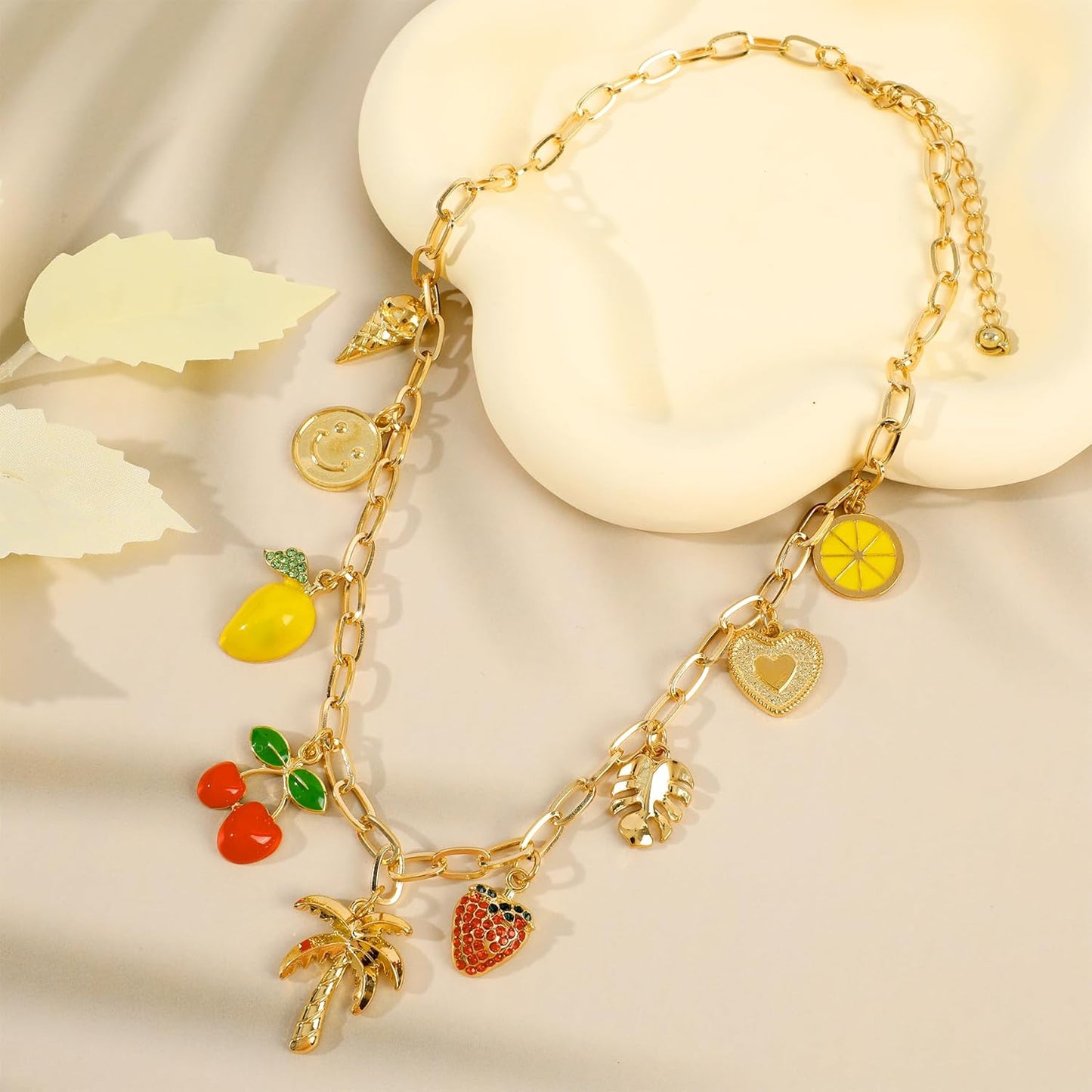 Gold Charm Necklace for Women Hawaii Style Necklace with Cute Dangle Coconut Tree Cherry Lemon Mango Strawberry Heart Fruit Bow Pendant Y2K Summer
