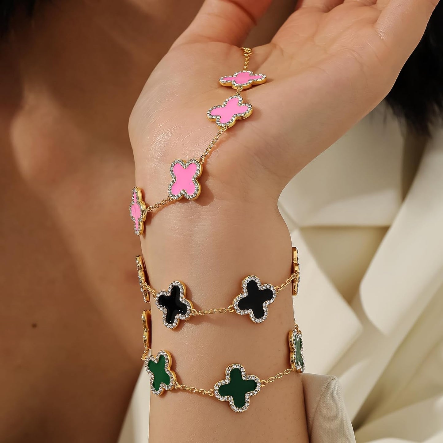 Qitian Clover Bracelet for Women 18K Gold Four Leaf Pink Lucky Link Clover Bracelets, Trendy Bracelets Set