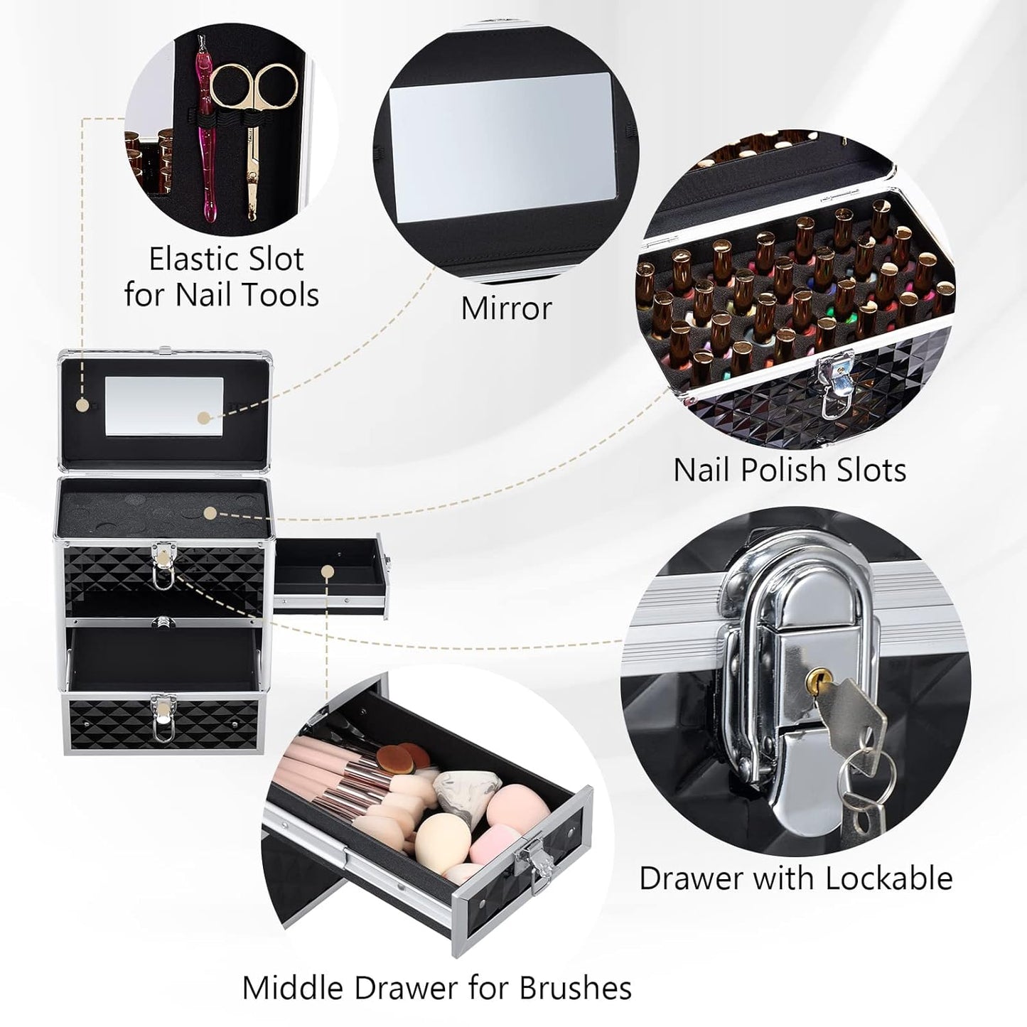 Nail Polish Makeup Case with Drawer and Dividers Manicure  Makeup Box With Mirror Lockable Keys Box