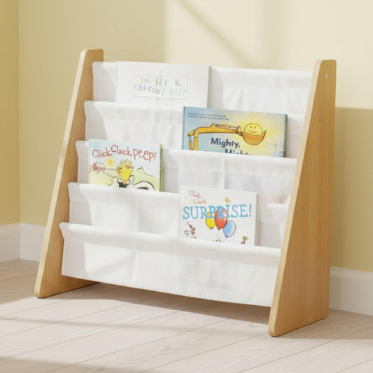 4-Tier  Bookshelf,  Wood/White - Premium Book Shelf   Rooms with Four Deep Pockets