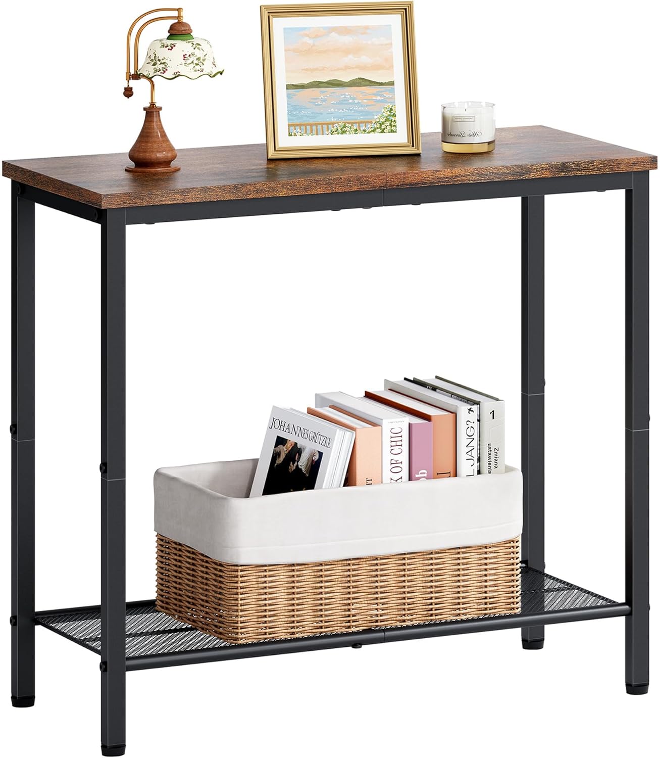 2 Tier End Table, Sofa Side Table, Slim Nightstand for Small Spaces, Metal Frame