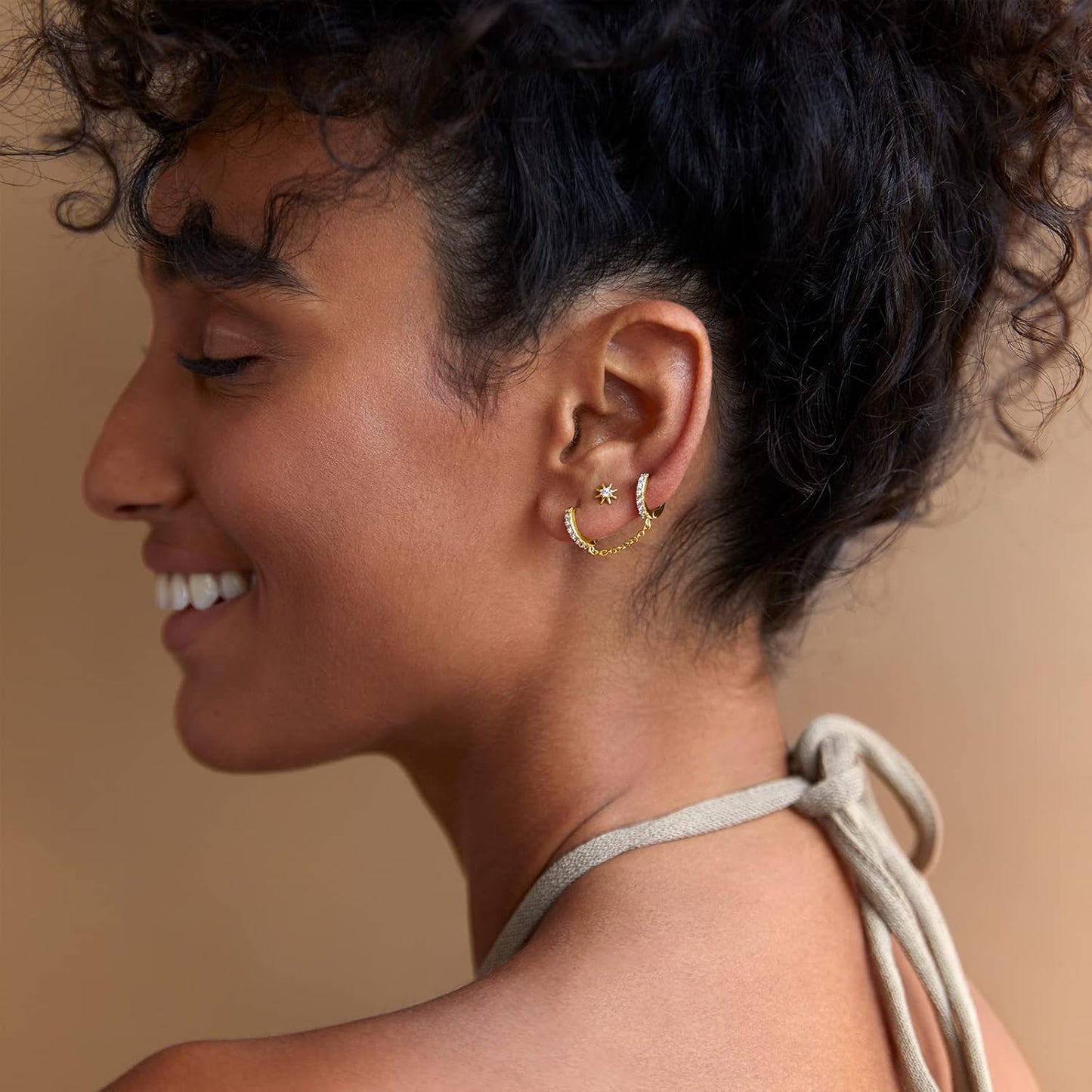 14K Gold Chain Earrings for Women | Double Piercing Dangle Chain Huggie Hoop Earrings | Cubic Zirconia Pearl Stud Ear Cuff Earrings for Women
