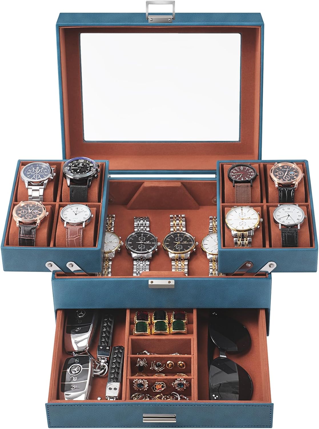 Watch Case for Men, 8 Slot Watch Display Case, 3 Layers Large Sunglass Storage Organize