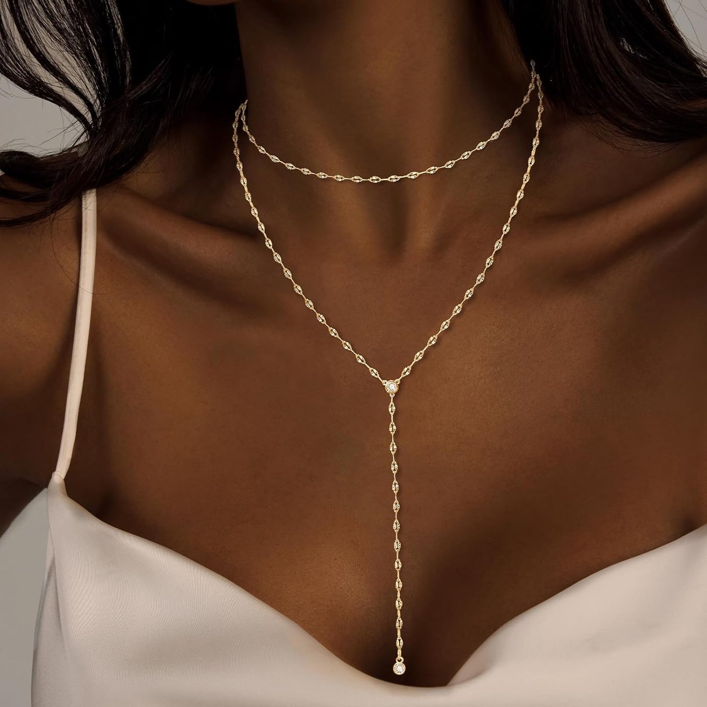 Dainty Y-Shaped Pendant Necklace: 14k Gold Plated/Silver Beaded Chain, Trendy Long Lariat for Women