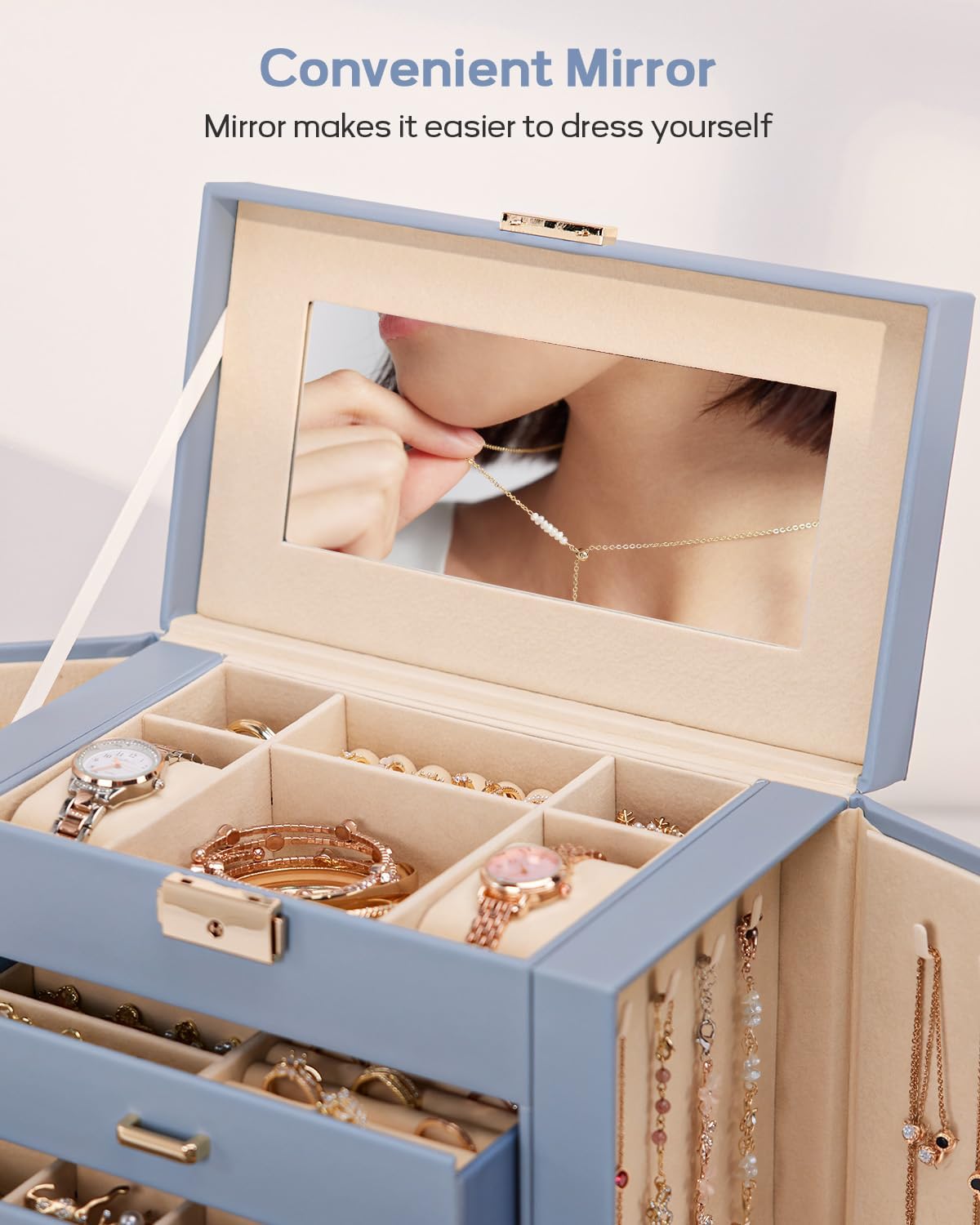 Synthetic Leather Huge Jewelry Box Mirrored Watch Organizer Necklace Ring Earring Storage Lockable