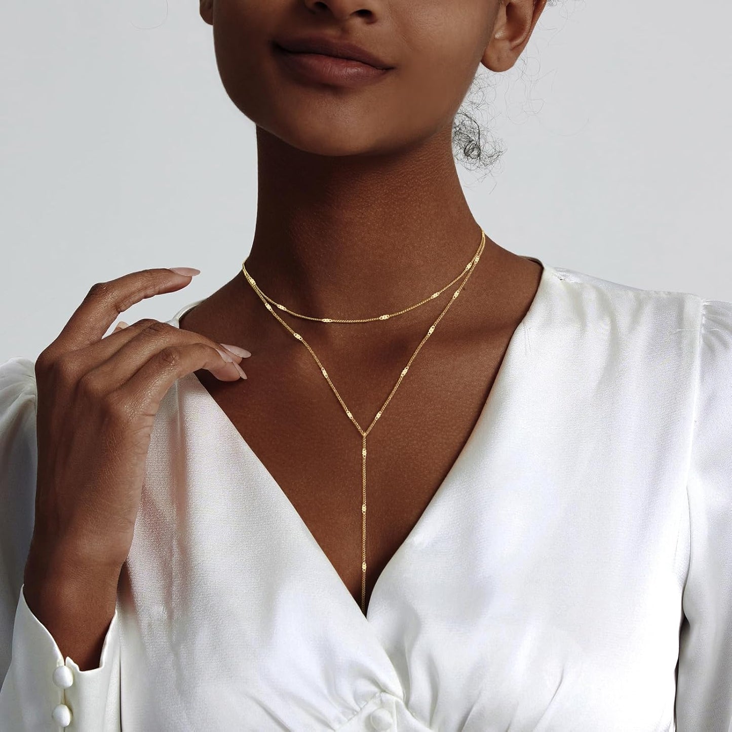 Lariat Necklace For Women: Dainty Y-Shaped Beaded Drop Chain, 14K Gold Plated/Silver, Trendy Gift