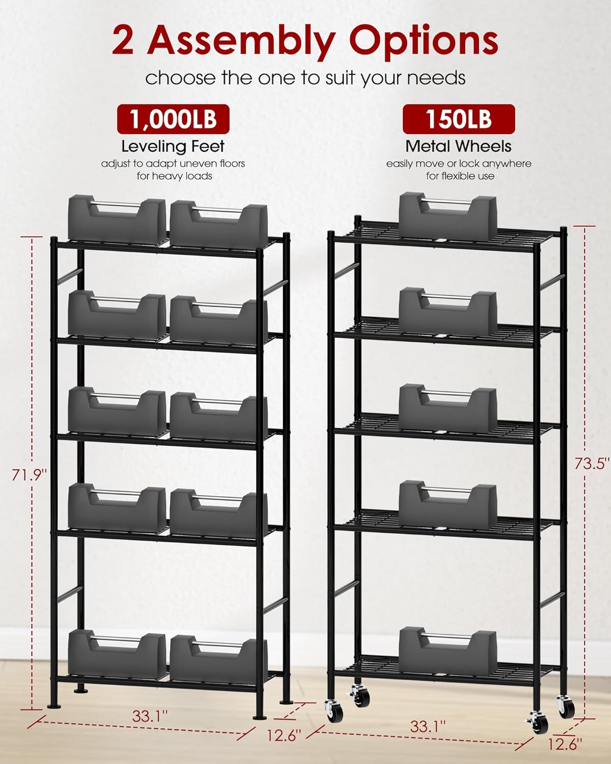 Storage Shelves Organizer - 5 Tier Metal Shelf Organizer with Metal Wheels and Adjustable Leveling Feet