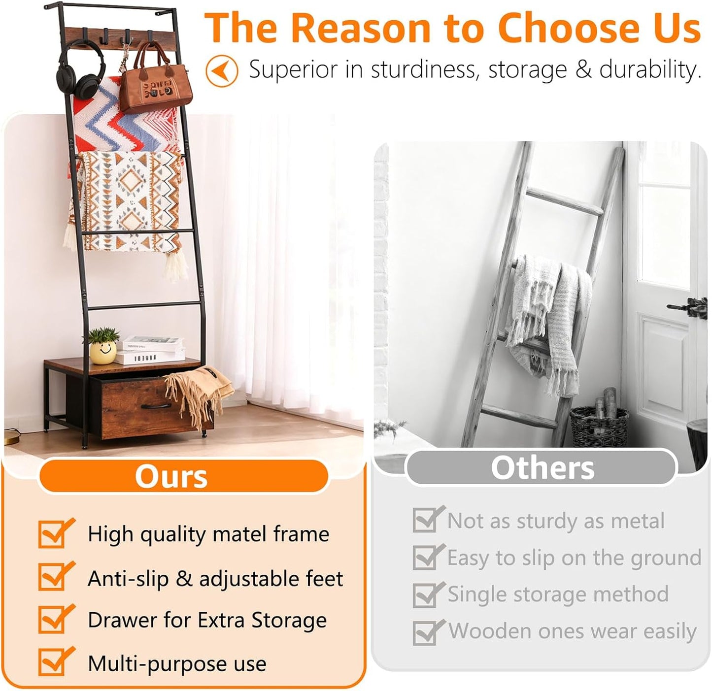 Metal Blanket Ladder with Storage Drawer, 5 Tier Rustic Blanket Rack with Hooks for Living Room, Bedroom, Farmhouse Decor – 5.2ft Wall Leaning Ladder Shelf for Blankets, Towels & Throws, Black