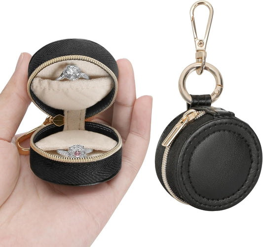 Jewelry Ring Holder Box with Keychain, Small Travel Ring Earring Stud Necklace Storage Case