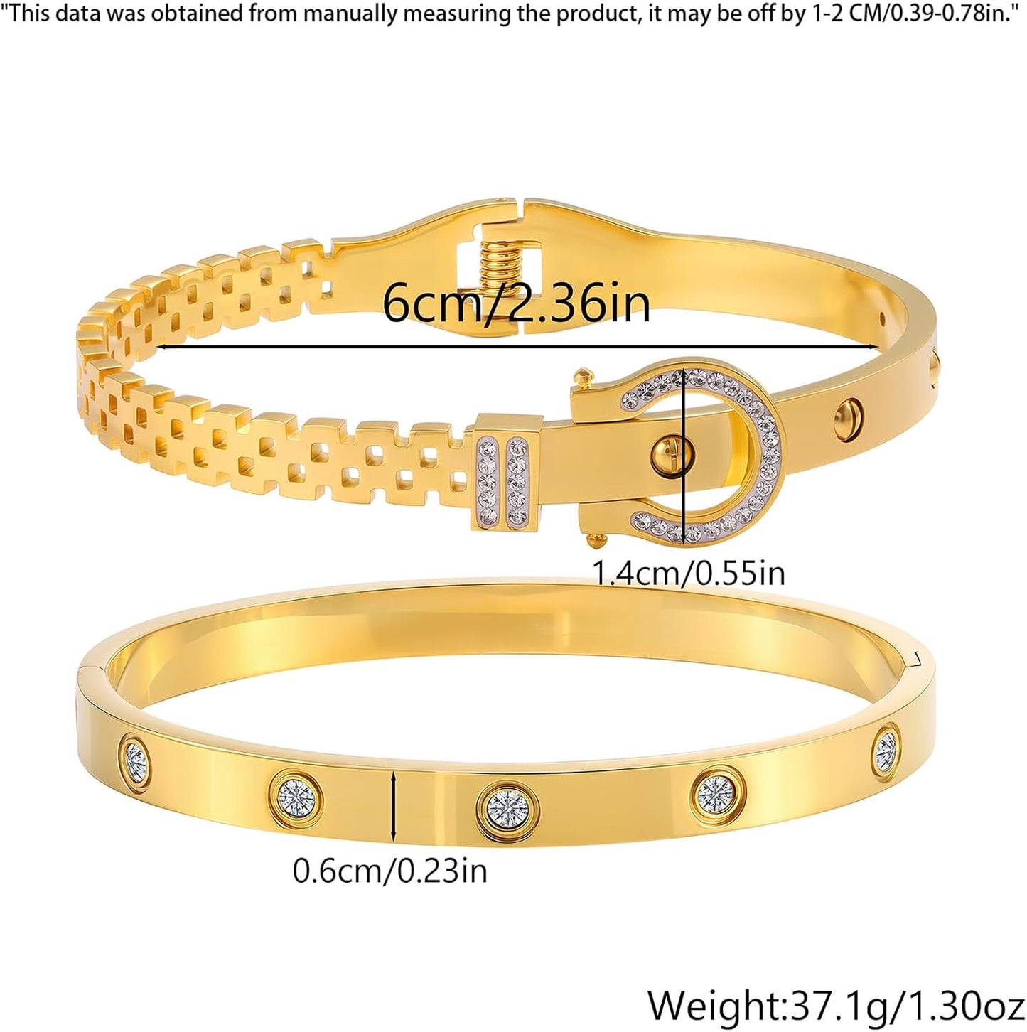 2PCS Gold Bracelets for Women Friendship & Love Theme Crystal Bangle Set Stainless Steel Non Tarnish Jewelry