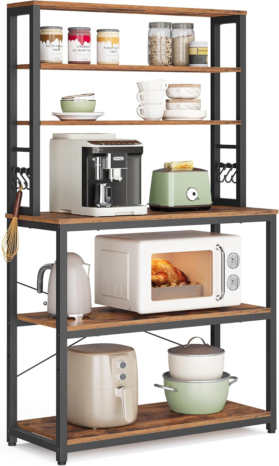 Coffee Bar, 31.5 Inches Baker's Rack for Kitchen with Storage, 6-Tier Kitchen Shelves with 6 Hooks, Microwave Stand