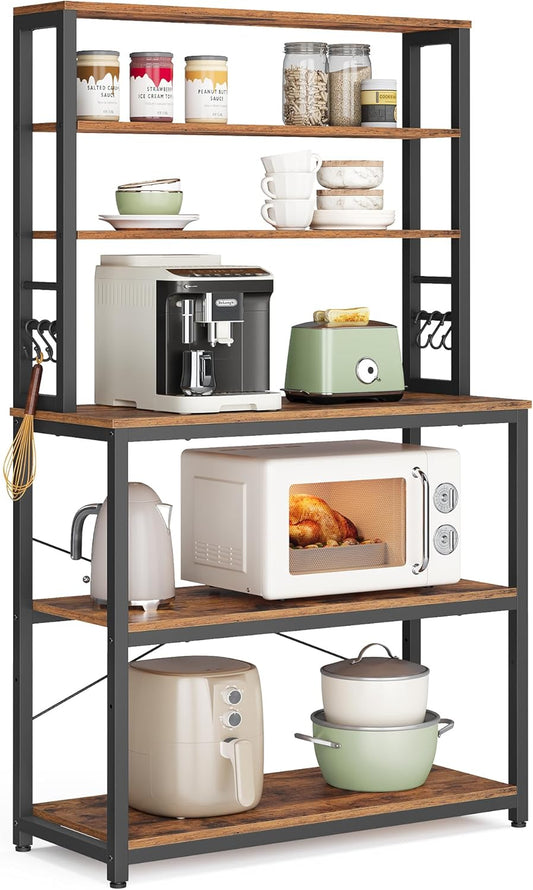 Coffee Bar, 31.5 Inches Baker's Rack for Kitchen with Storage, 6-Tier Kitchen Shelves with 6 Hooks, Microwave Stand