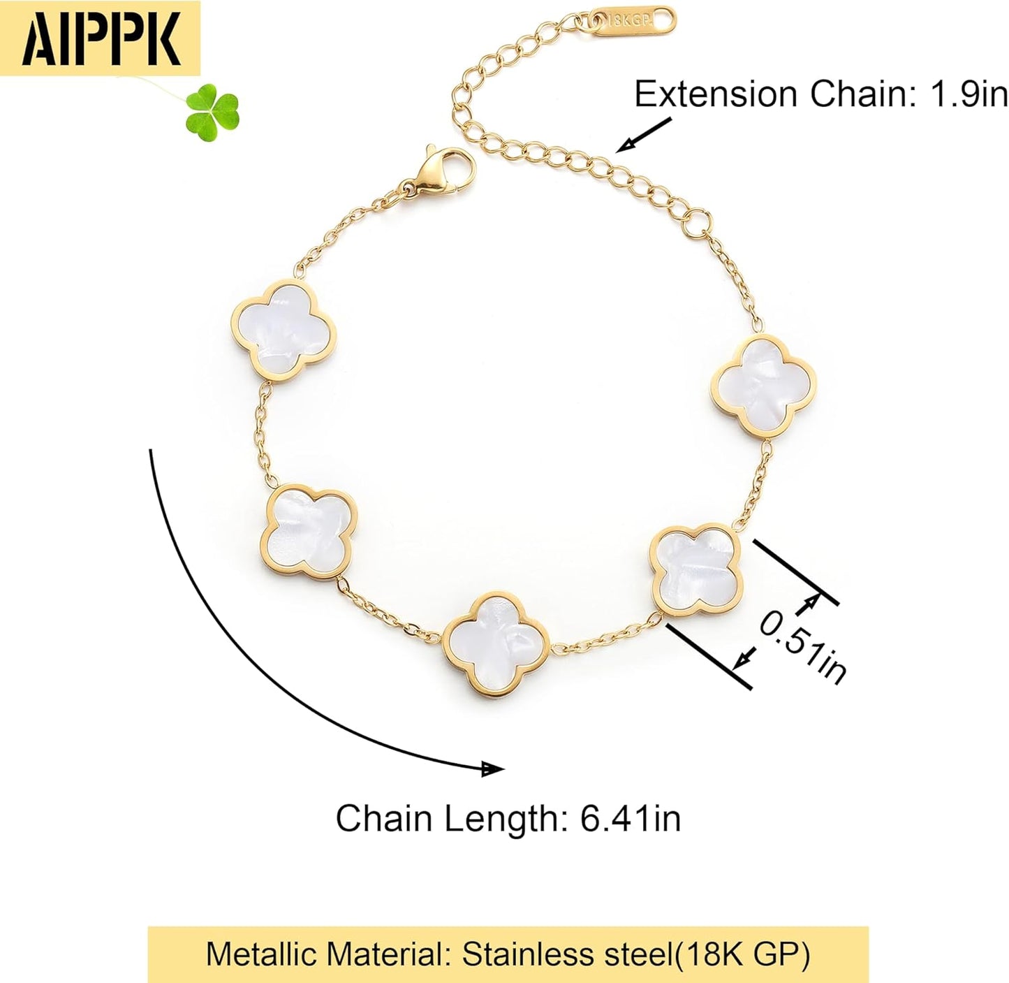 18K Gold Plated Clover Lucky Bracelet for Women White/Black/Red/Green Flower Four Leaf Link Bracelets