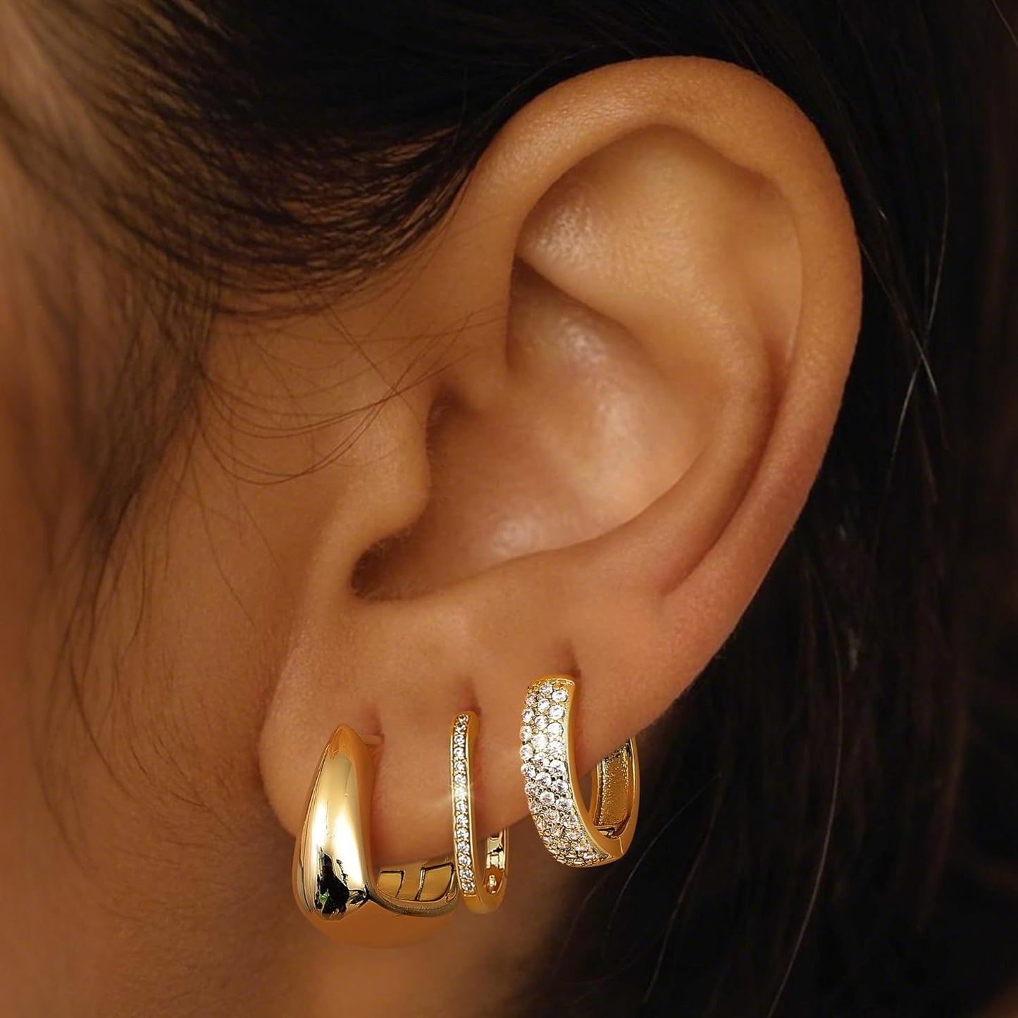 3Pairs 925 Sterling Silver, 14K Gold Plated Small Huggie Hoop Earrings Sets for Multiple Piercing CZ Cartilage Earrings Stacks