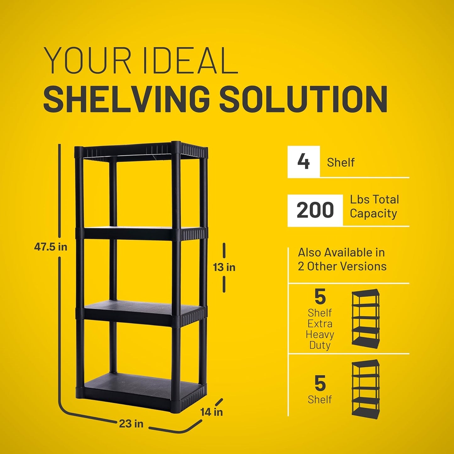 4-Shelf Plastic Storage Shelves, 48” x 23” x 14”,   Easy to Assemble, Durable Plastic Shelving Unit